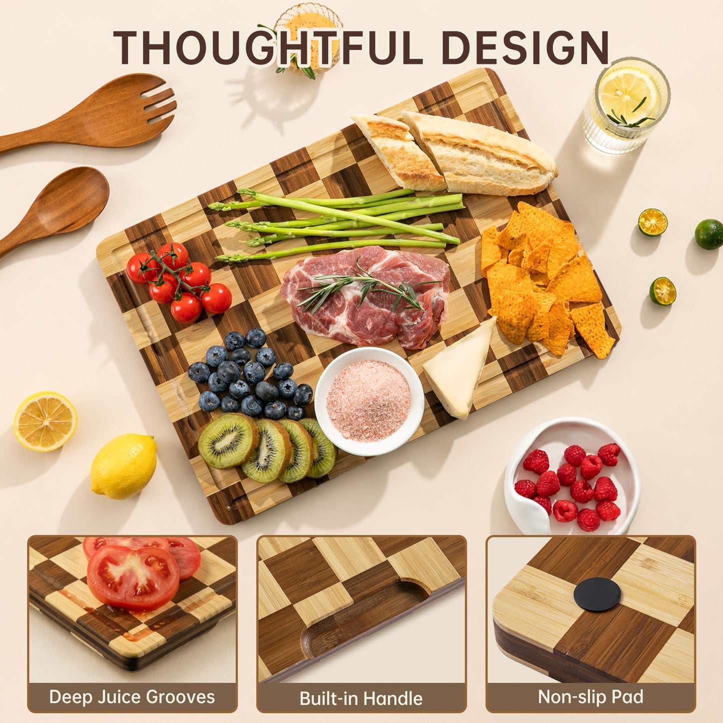 THETCHRY Bamboo Cutting Board Set, Checkered Wood Cutting Boards for Kitchen with Juice Groove, Non Toxic Wooden Charcuterie Boards, Non Slip Chopping Board for Meat Fruit Cheese, Housewarming Gift
