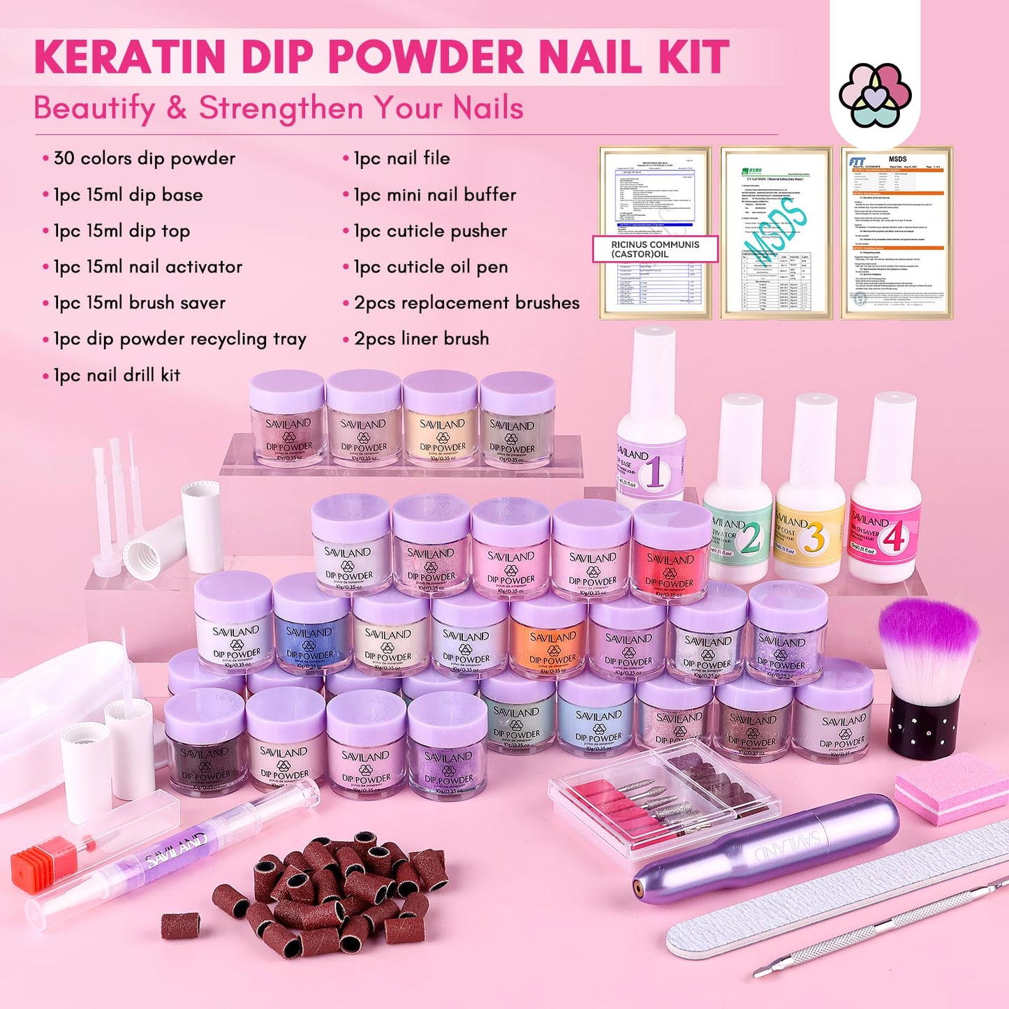 SAVILAND Dip Powder Nail Kit with Drill: Starter Set 30 Colors Summer Spring Keratin Dip Nails Powder with Dipping Powder Liquid Set Activator Base Top Coat Cuticle Oil for DIY Manicure Nail Art