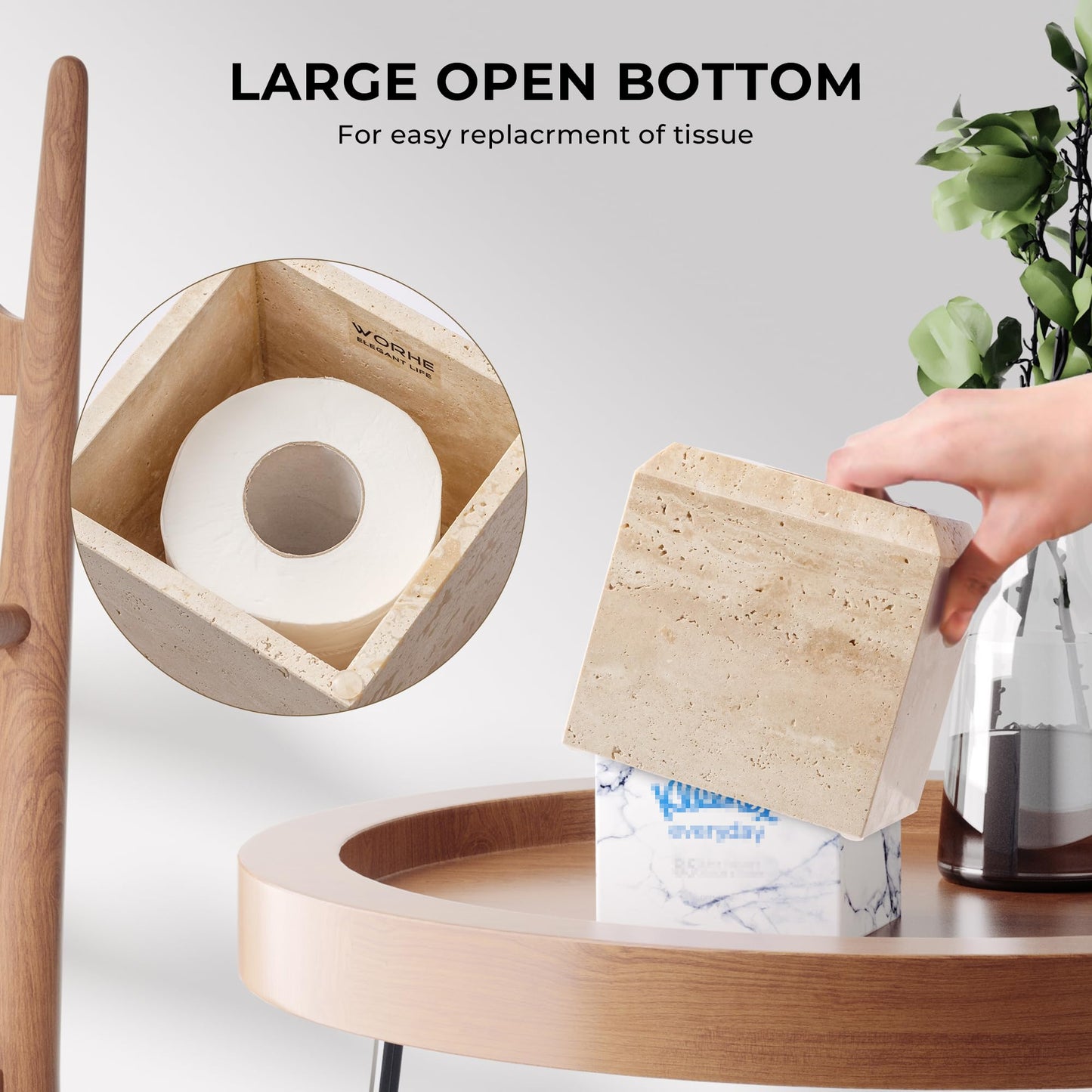 WORHE Tissue Box Cover Italy Natural Travertine Stone Heavy Duty Square Facial Toilet Paper Holder for Bathroom Living Room Bedroom Dresser Kitchen Minimalistic Office Home Decor Beige (TBC145WT)