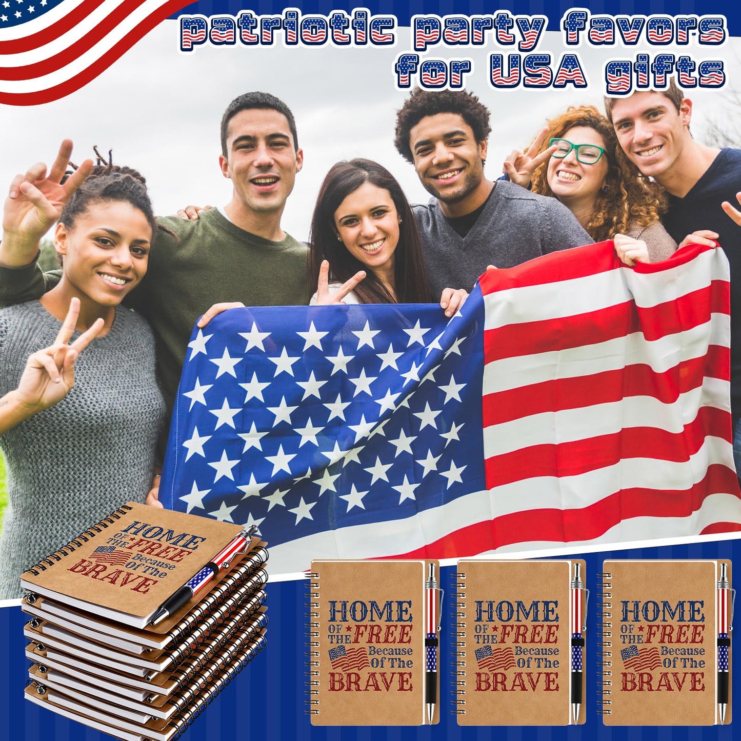 Resurhang 250th Anniversary Memorial Day Gift American Flag Ballpoint Pens Spiral Notebooks Home of The Free Because of The Brave Journal USA Patriotic for Veteran Military Soldier 250th Gift(24 Set)