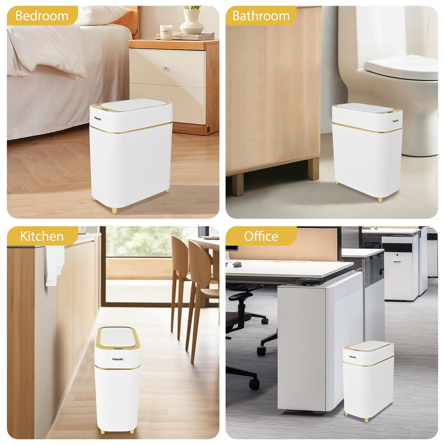 Pukomc 2.3 Gallon / 9L Automatic Adsorption Sensor Trash Can, White Gold Motion Sensor Garbage Bin with Vacuum Suction, Slim Fashionable Design for Kitchen, Bathroom, Office & Small Space