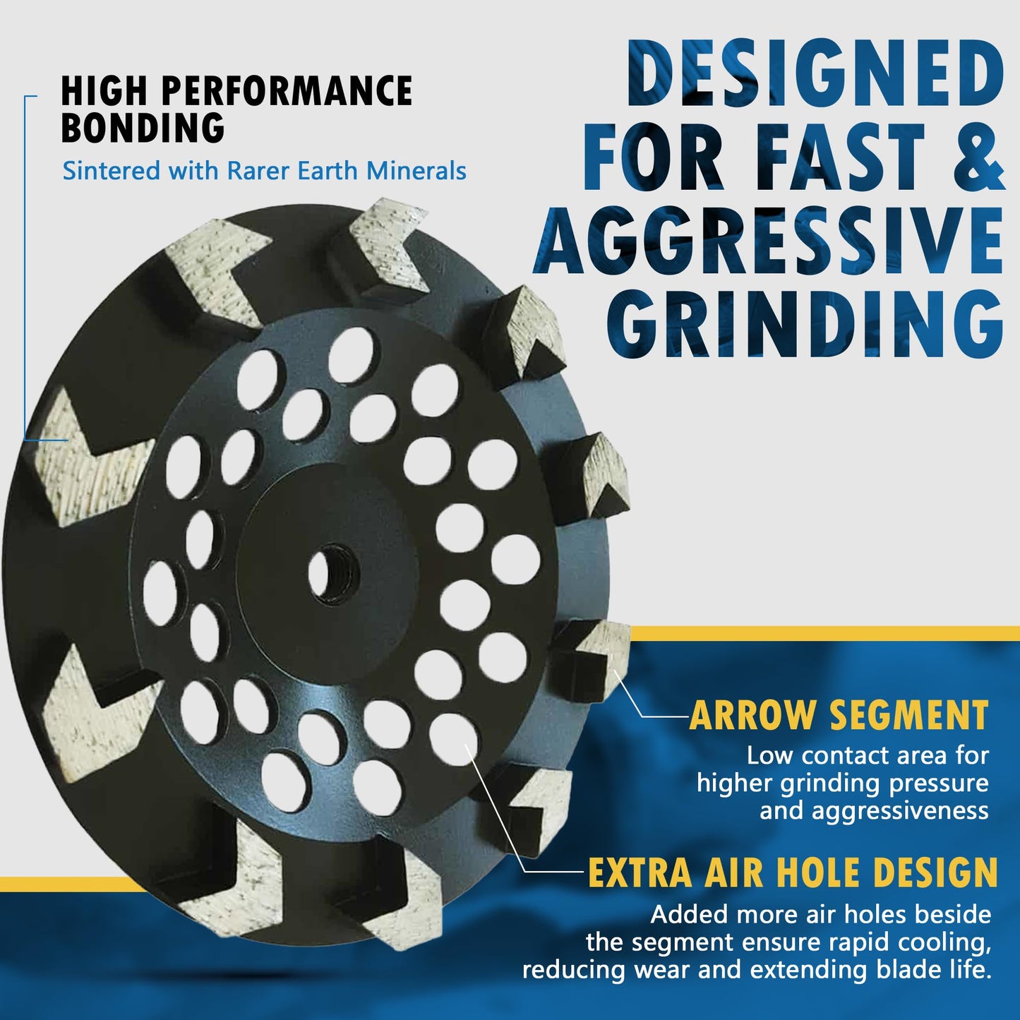 7" High Performance Diamond Grinding Wheels for Concrete, Paint, Epoxy, Mastic, Coating Removal, #30/40 Grit, 10 Arrow Segments, 5/8"-11 Arbor