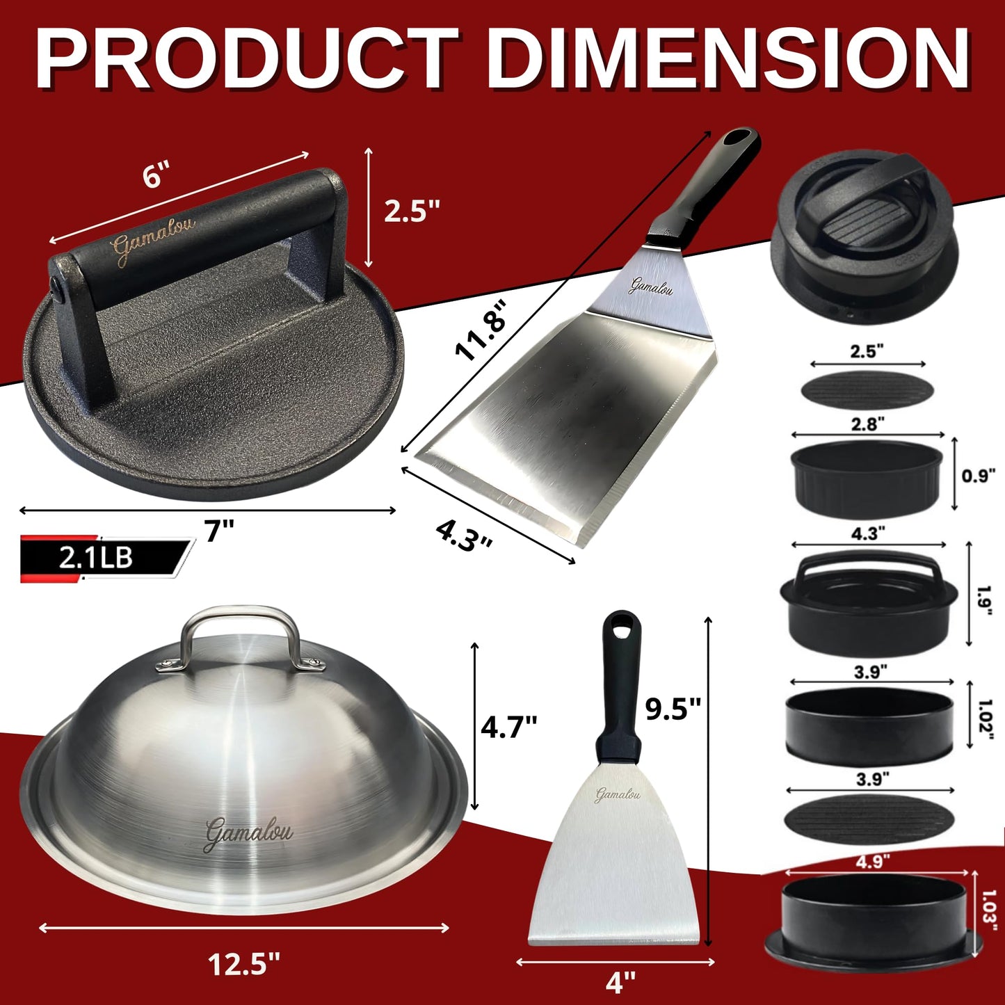Gamalou® Smash Burger Press Kit: 7" Cast Iron Grill Press, 12" Melting Dome, 3-in-1 Patty Maker, 4.3" Spatula & 4" Scraper, Griddle Accessories for Blackstone, Grills, Flat Top, BBQ, Fry Pan