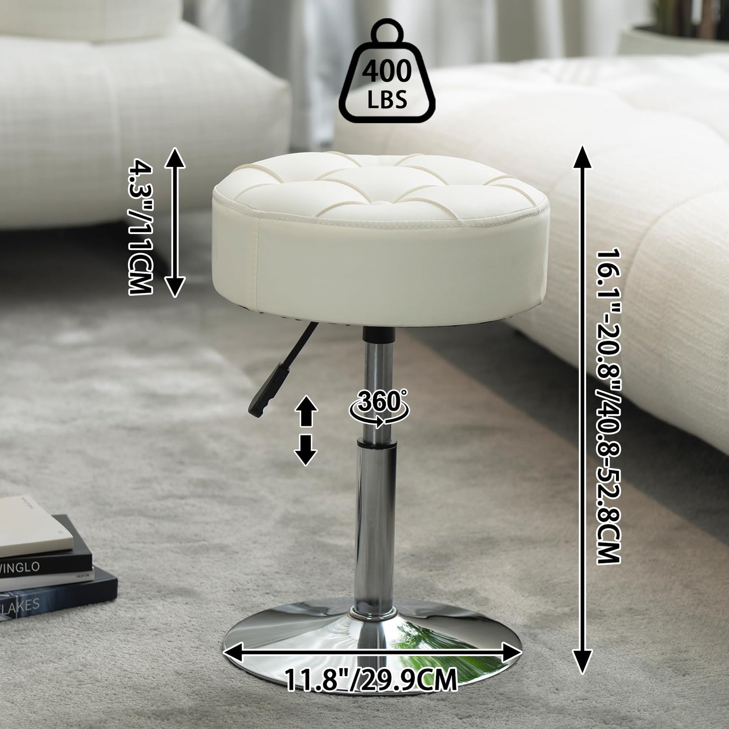 ACEQLYT Adjustable Vanity Stool with High-Density Non-Sagging Foam & Metal Base, Swivel Makeup Vanity Chair, Small Makeup Stool for Vanity, Bedroom, Bathroom, White PU Leather