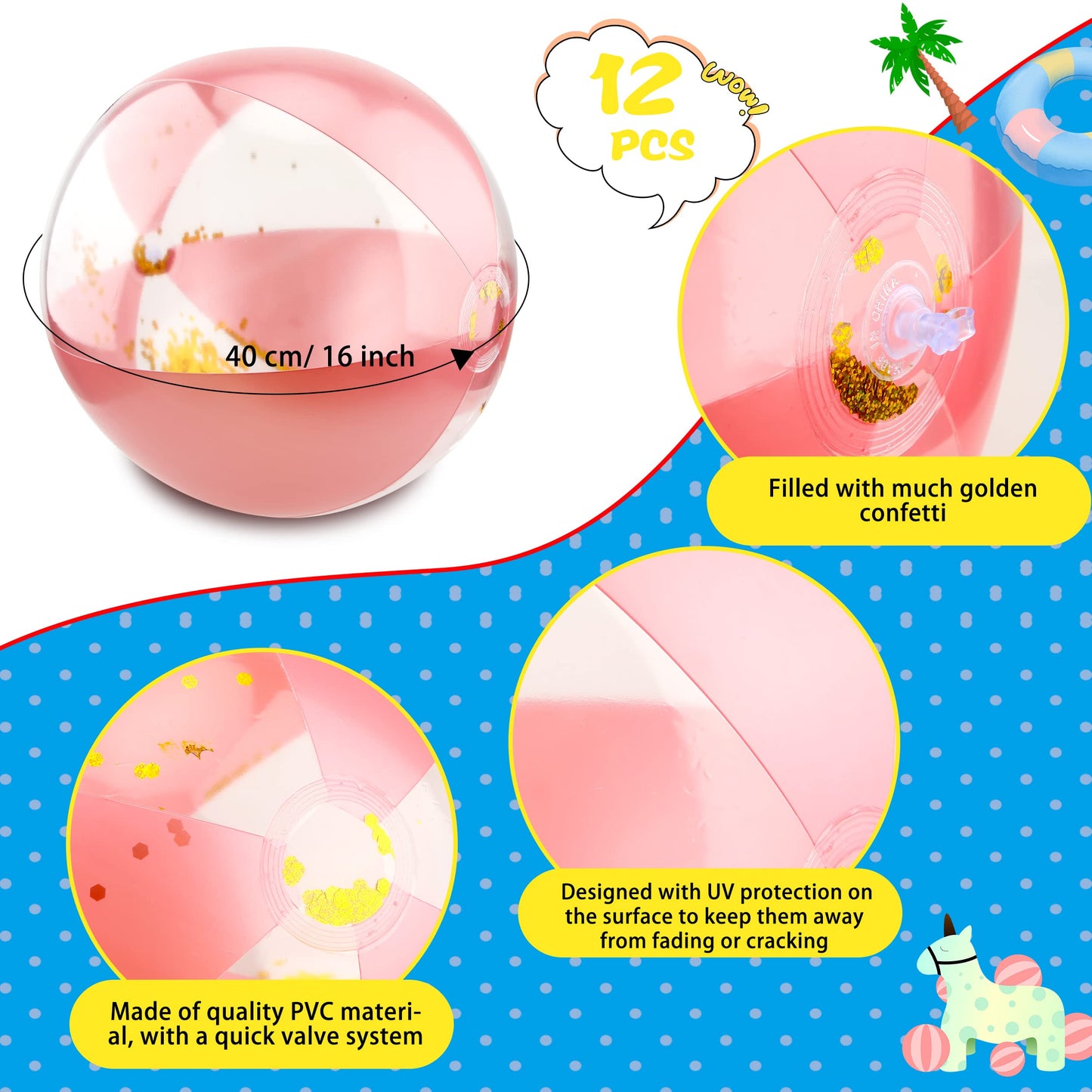 Sonarun 20 Pack 16 Inch Inflatable Glitter Beach Ball Rose Gold Confetti Beach Balls Bulk for Summer Beach Pool Water Party Play Toys Hawaii Luau Party Favors