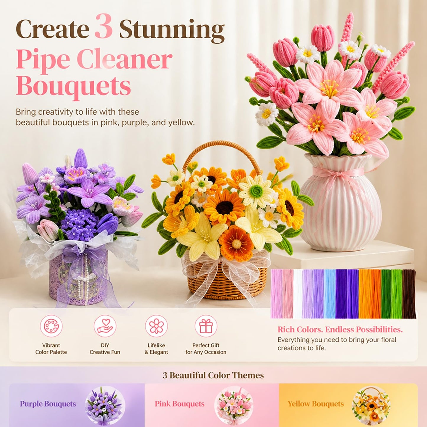 800 PCS Pipe Cleaner Flower Kit, DIY Pipe Cleaners Bulk Craft Bouquet Making Kit with 13 Colors Chenille Stems, Floral Wires, Stamen, Ribbon, Instruction, Art and Craft Supplies