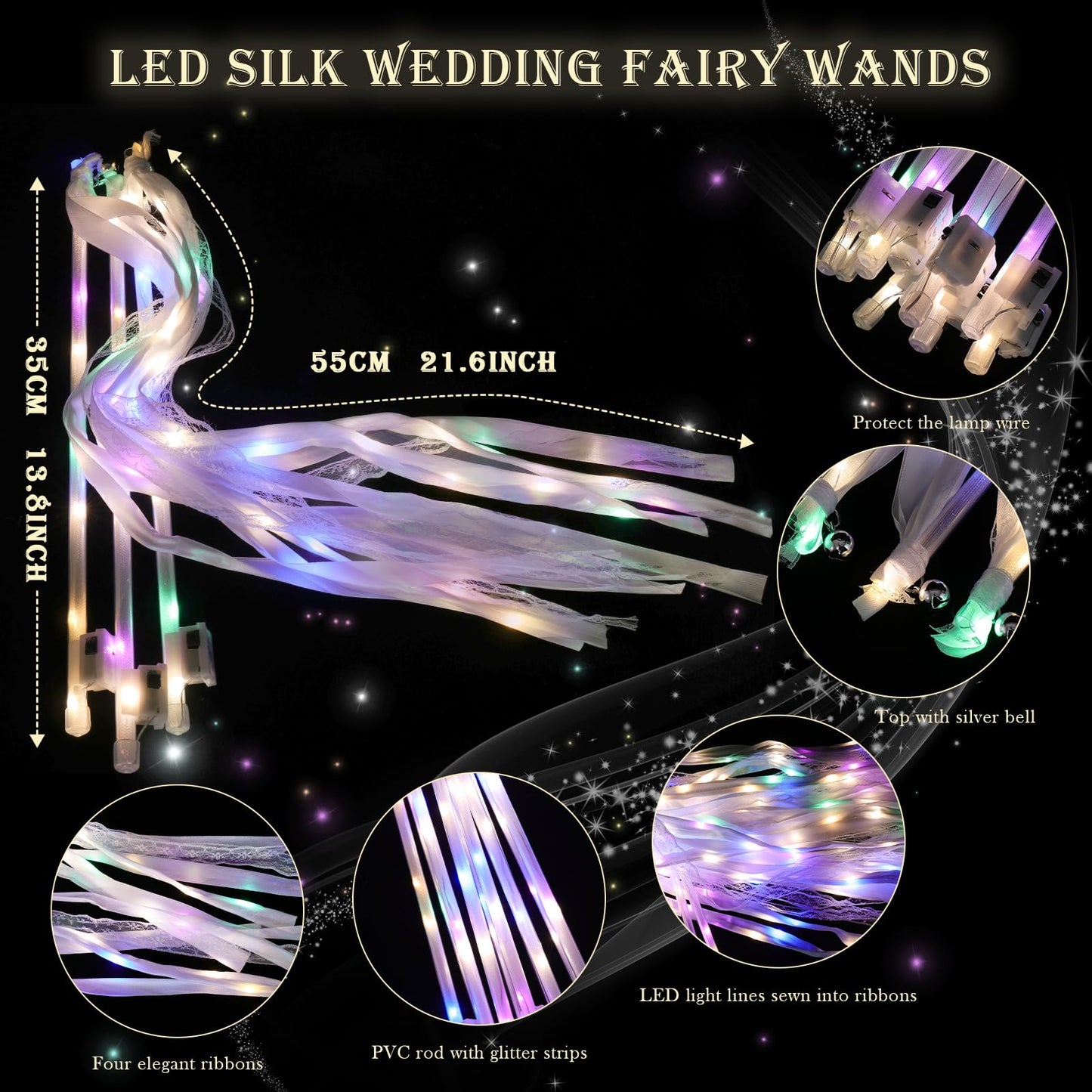 AUGFRYZIAN 58 Pieces Light up Wedding Wands with Ribbons & Bells –LED Silk Wedd Fairy Wands Streamers with Warm White & Colorful Lights for Wedding Send Off Ideas, Parties, and Celebrations