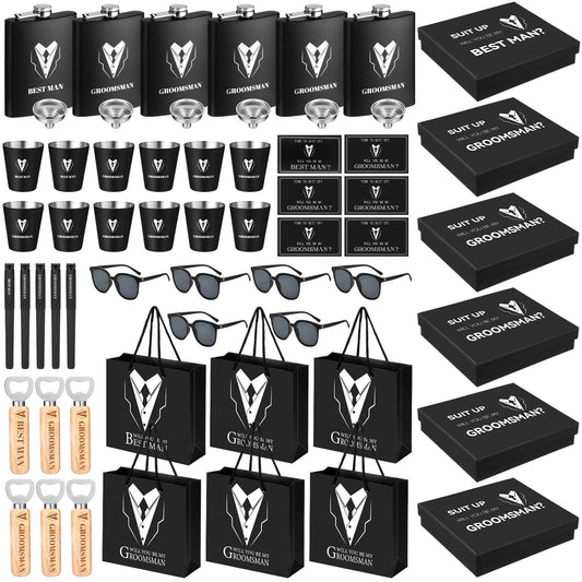 Layhit 60 PCS Groomsmen Gifts Set of 6, Groomsmen Proposal Gift Set, 6 Flask and 12 Stainless Steel Shot Glass 6 Wood Bottle Opener 6 Pen 6 Sunglasses with 6 Card 6 Box 6 Bag for Wedding Party