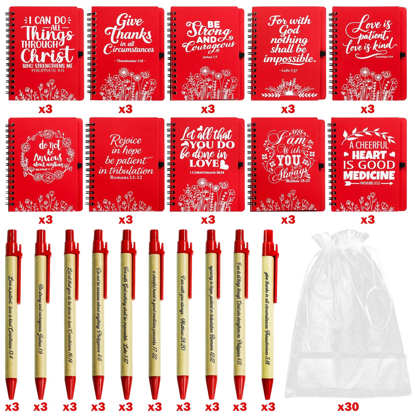 Succwoah 90 Pcs/30 Set Christian Gifts Bulk Prayer Journal Spiral Red Notebooks, Inspirational Notepad with Bible Verse Pen & Organza Bags, Perfect Religious Gifts for Men Women, Bible Study Groups, Church Members & Devotions
