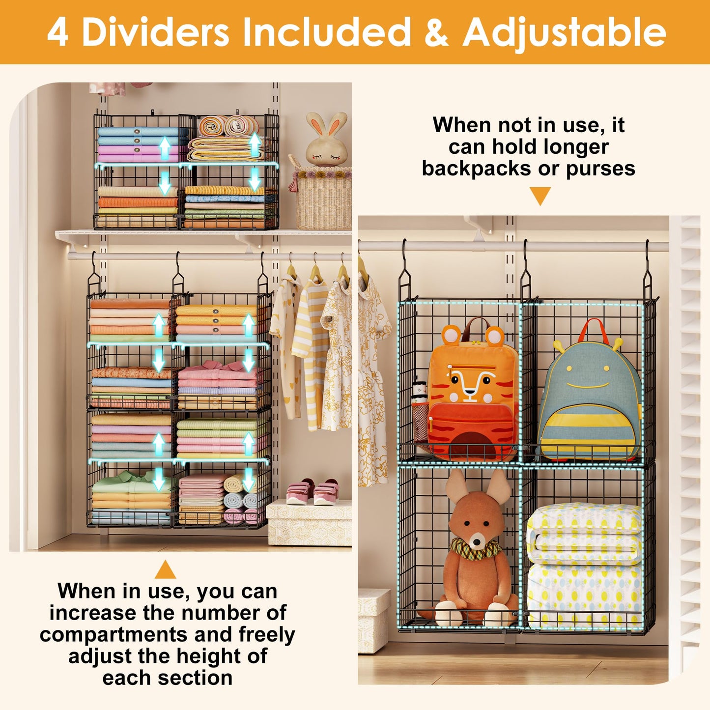 Hanging Closet Organizer with DIY Spacing, Double-Row Closet Hanging Shelves with 4 Adjustable Dividers & 6 Hooks, Heavy Duty Metal Closet Storage Organizer with Front Guard, Split into 2 Units