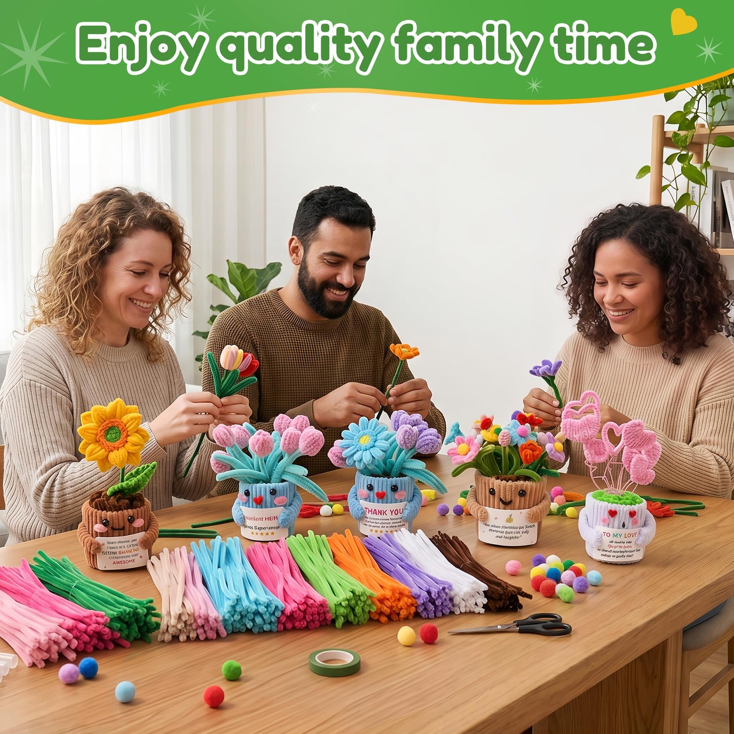 POMBUDS 1300 pcs Pipe Cleaners Crafts kit, 13 Colors, Potted Plants