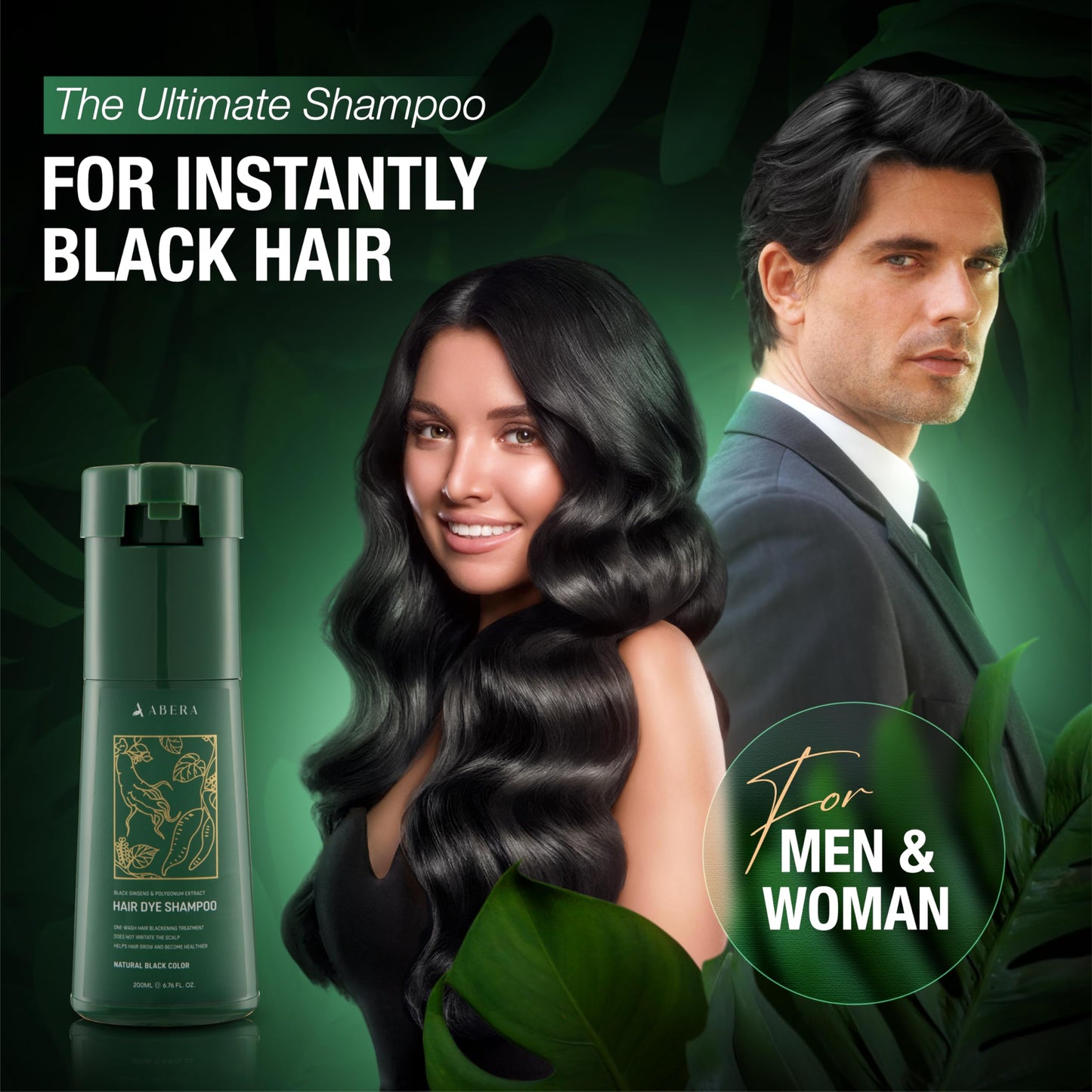 ABERA Hair Dye Shampoo, Black Hair Color for Grey Hair Coverage for Women and Men, One-wash Hair Blackening Treatment with Natural Dark Color (6.76 Fl. Oz.)