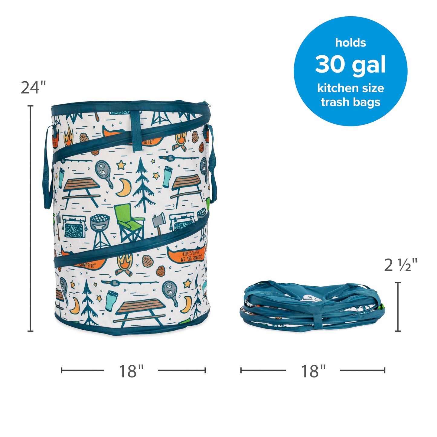 Camco Pop-Up Utility Container - Use as Collapsible Trash Can When Camping - Holds 30-Gallon Kitchen-Size Trash Bags - Stands 2-Ft Tall & Collapses for RV Storage and Organization (42997)