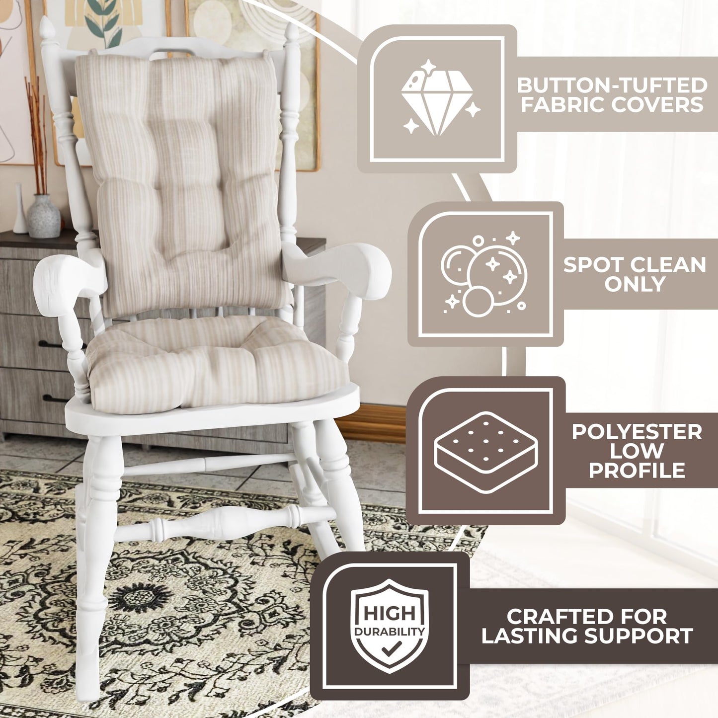 Klear Vu The Gripper Non-Slip Rocking Chair Cushion Thick, Includes Seat Pad & Back Pillow with Ties for Indoor Living Room Rocker, 17x17 Inches, 2 Piece Set, Cream