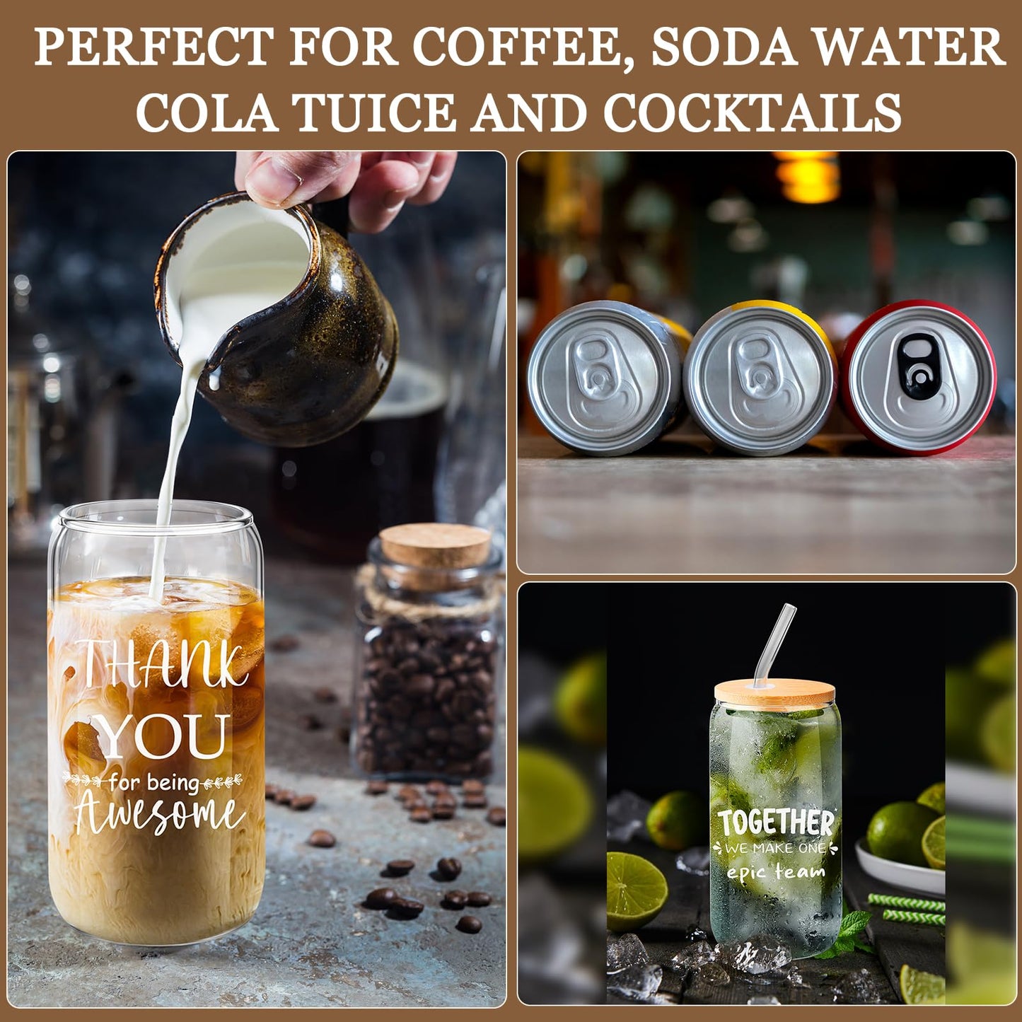 BHHQHH 12 Sets Employee Appreciation Gifts Team Thank You Gifts for Staff Coworker Inspirational and Motivational Glass Cups 16 oz Can Shaped Beer Glass with Lids Straws Brushes