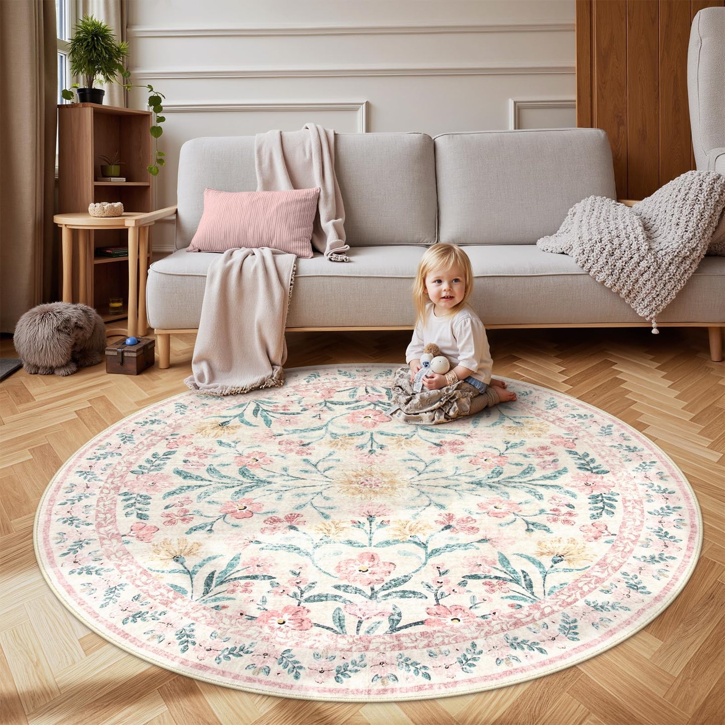 Wonnitar Washable Round Rugs 6ft, Pink Floral Circle Rug Large Round Carpet for Bedroom, Boho Soft Ultra-Thin Circular Carpets for Kids Playroom Living Room Nursery