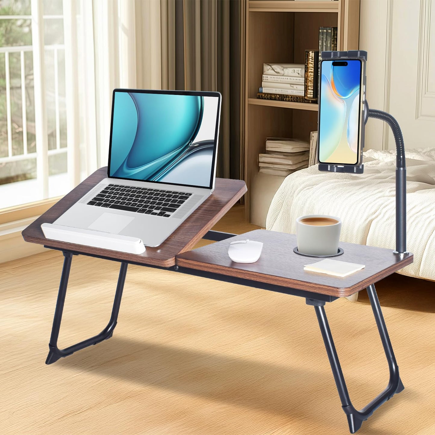 wishacc 28.7" Extra Wide Laptop Lap Desk for Bed and Sofa, Adjustable Bed Desk with Flexible Phone & Tablet Mount, Portable Black Lap Tray Table for Floor Couch Work, 2 Book Clips Included