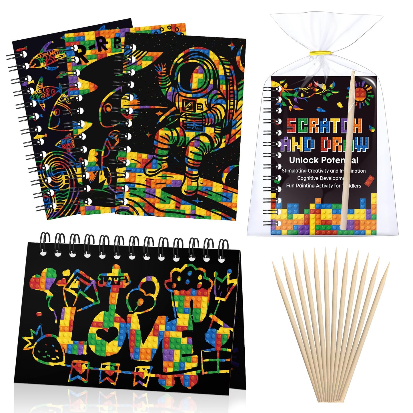Pasimy 48 Set Scratch Paper Art Party Favors for Kid Building Block Scratch Paper Craft Notebook Bulk Craft for Girl Boy Classroom Prizes Goodie Bag Stuffer Christmas Birthday Party Favor Gift
