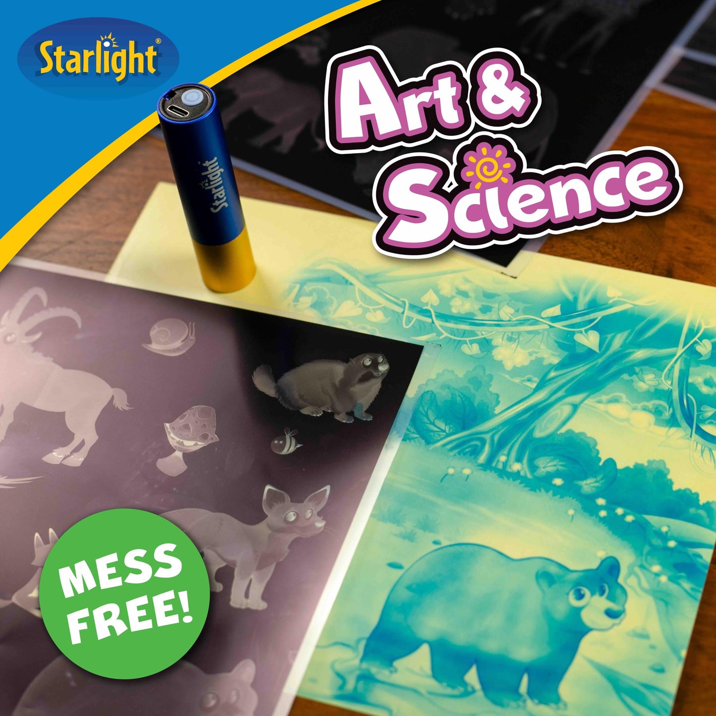 Starlight Light-Activated Paper Art Kit – Animal Kingdom Theme, Mess-Free Craft for Kids Ages 6, 7, 8, 9, 10, DIY Creative Gift with UV Flashlight for Boys & Girls