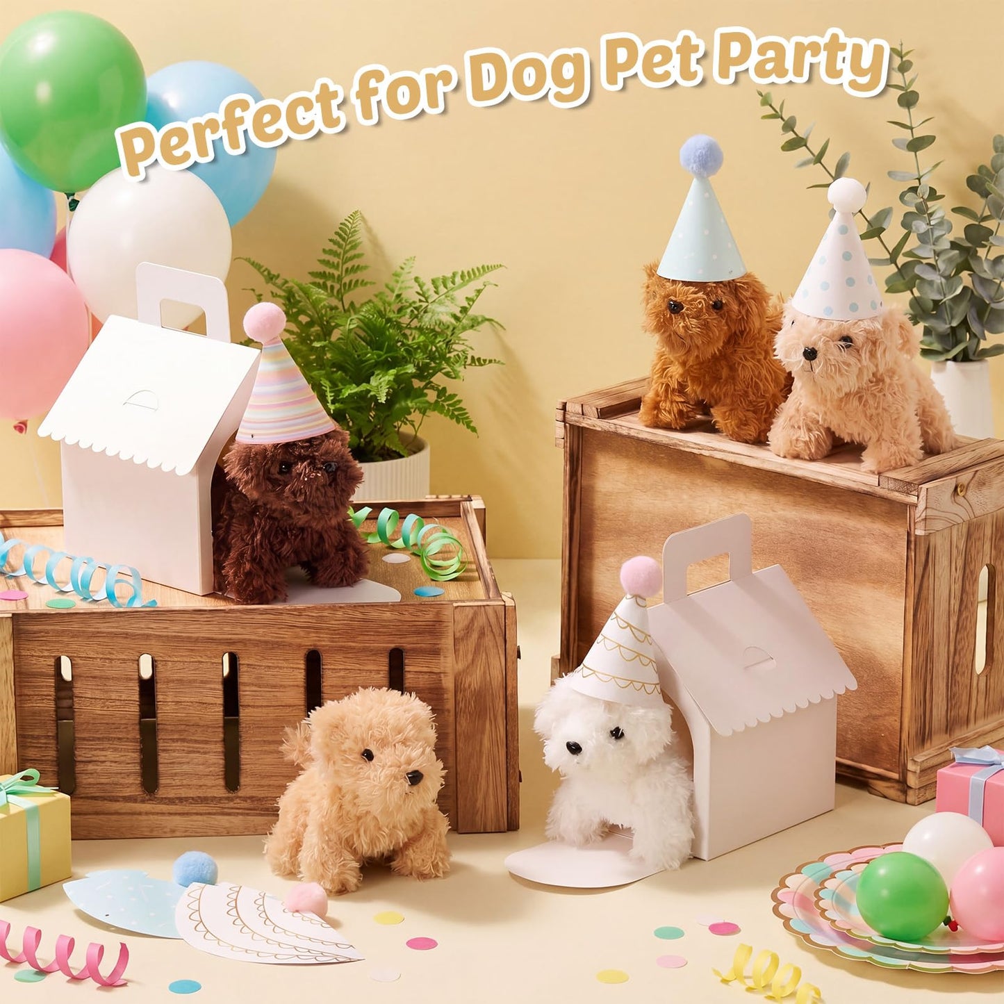 Motionchic 20 Pcs Mini Stuffed Animals Set Includes 20 Birthday Hats 20 Kraft Paper Boxes for Animal Theme Birthday Party Supplies Favors Gifts(White,Classic)