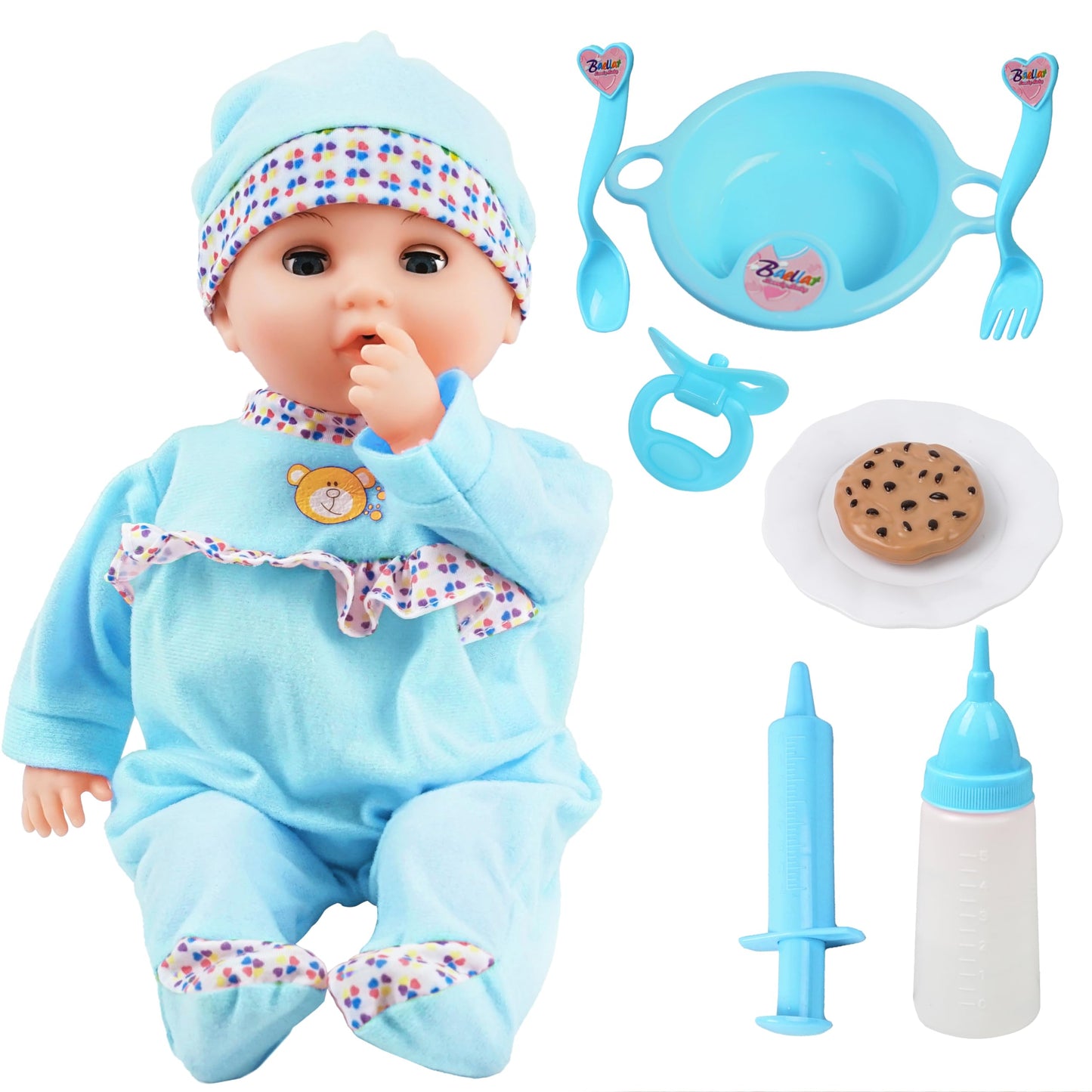 Toy Choi's Interactive Baby Doll - 40cm Crying Talking Feeding Soft Body Dolls for 2+ Year Old with Bottle Pacifier and Accessories, Pretent Play Preschool Gifts for Girls Boys, Blue