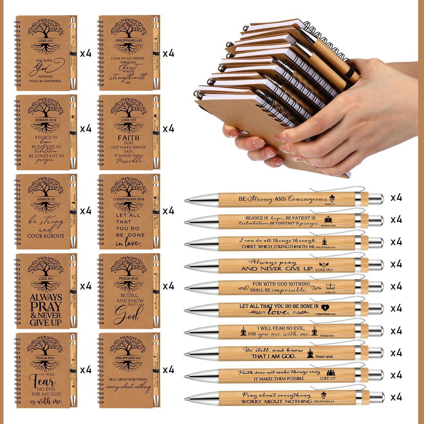 Kosiz 80 Pcs/40 Set Fathers Day Christian Gifts Bulk Religious Spiral Notebook with Bible Verse Pen Prayer Journal Inspirational Notepad for Men Women Church Birthday Bible Study (English Tree of Life)