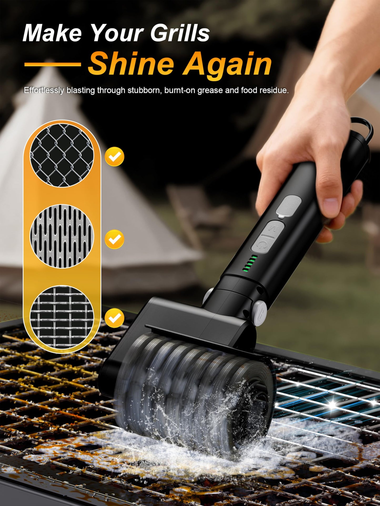 Aurviv Electric Grill Brush, Cordless Automatic BBQ Cleaner with 3-Speed Control, Rechargeable Grill Cleaning Brush with Stainless Steel Heads & Scouring Pad, BBQ Accessories Gift for Men