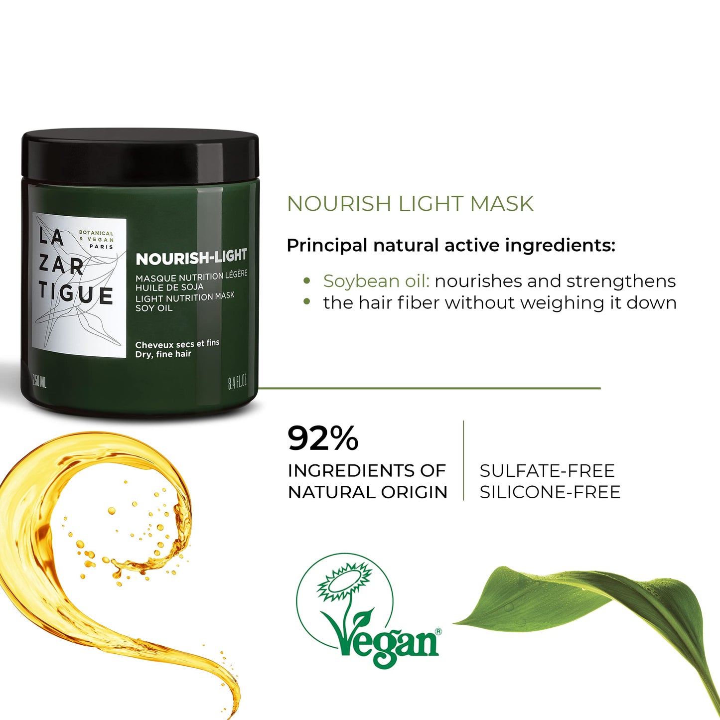Lazartigue Nourish-Light Mask, Enhanced with the Richness of Soybean Oil, Strengthens Hair Fibers, Softens and Moisturizes Hair, 8.4 Fl Oz
