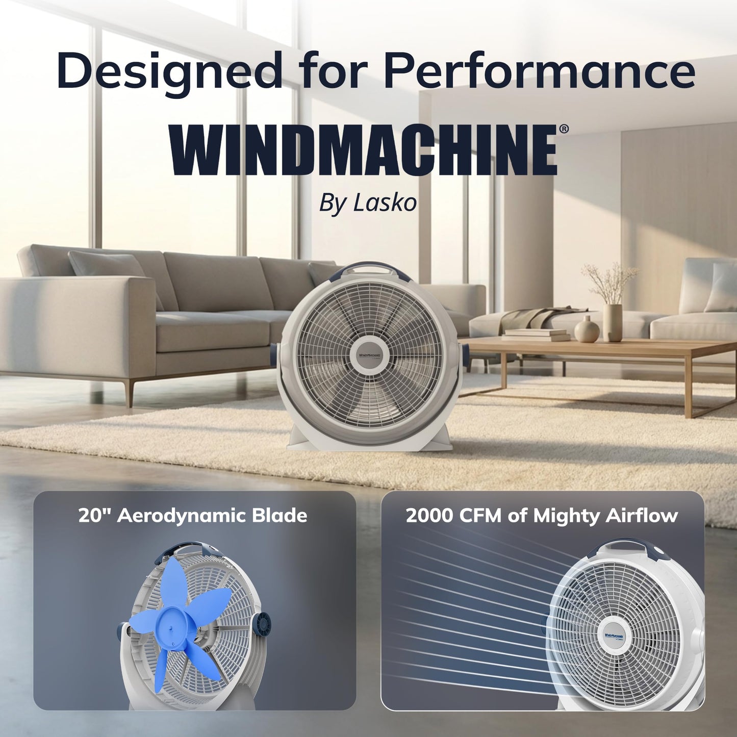Lasko WINDMACHINE 20" High Velocity Floor Fan with 3 Speeds, 360° Directional Airflow, Portable Air Circulator Fan for Home, Garage & Workshop, Fully Assembled, Gray, 3301