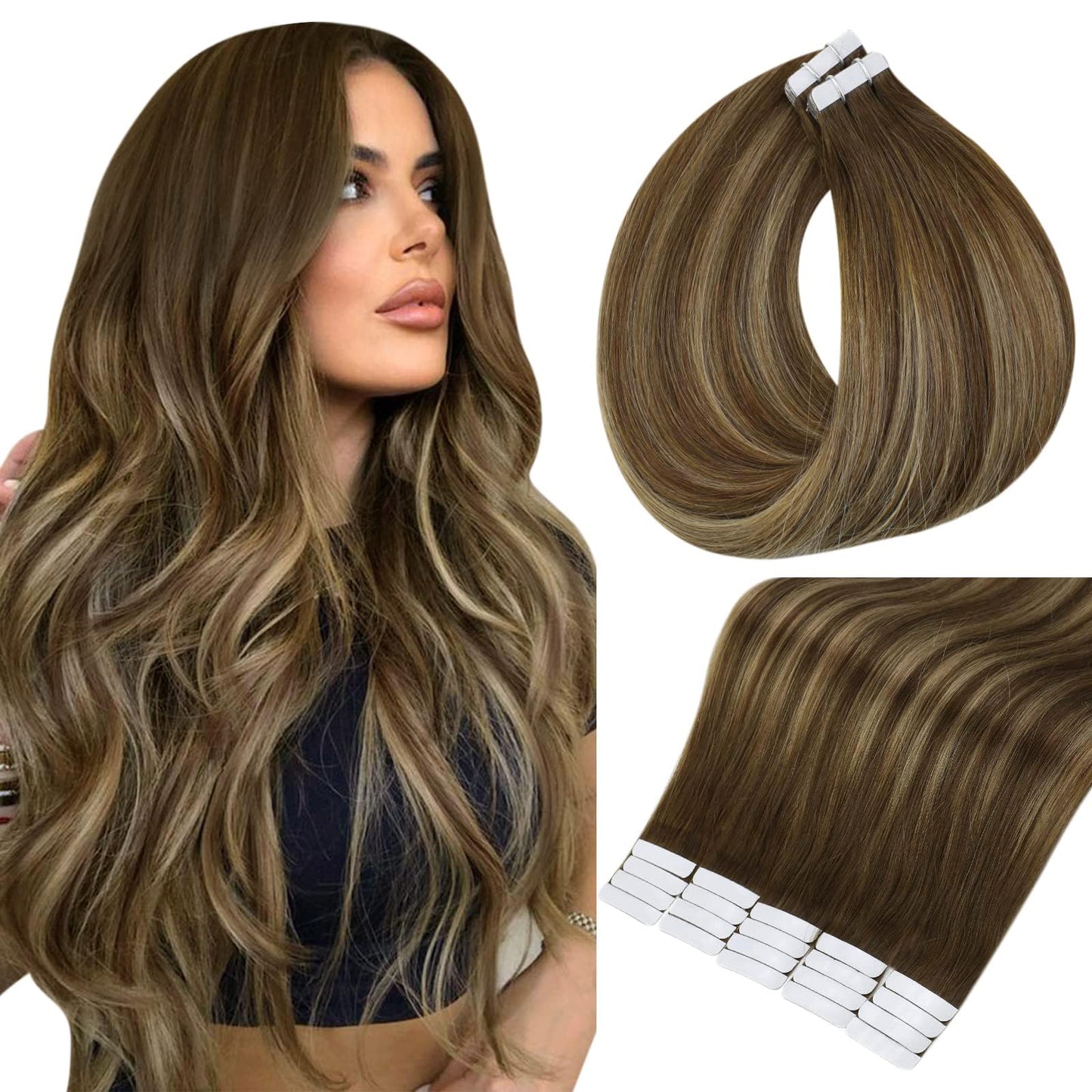 Full Shine Invisible Tape in Hair Extensions Human Hair 18 Inch Tape in Brown Hair Extensions Color 4/24/4 Balayage Tape in Extensions Real Hair Extension Tape in Human Hair Extensions 50 Gram 20 Pcs