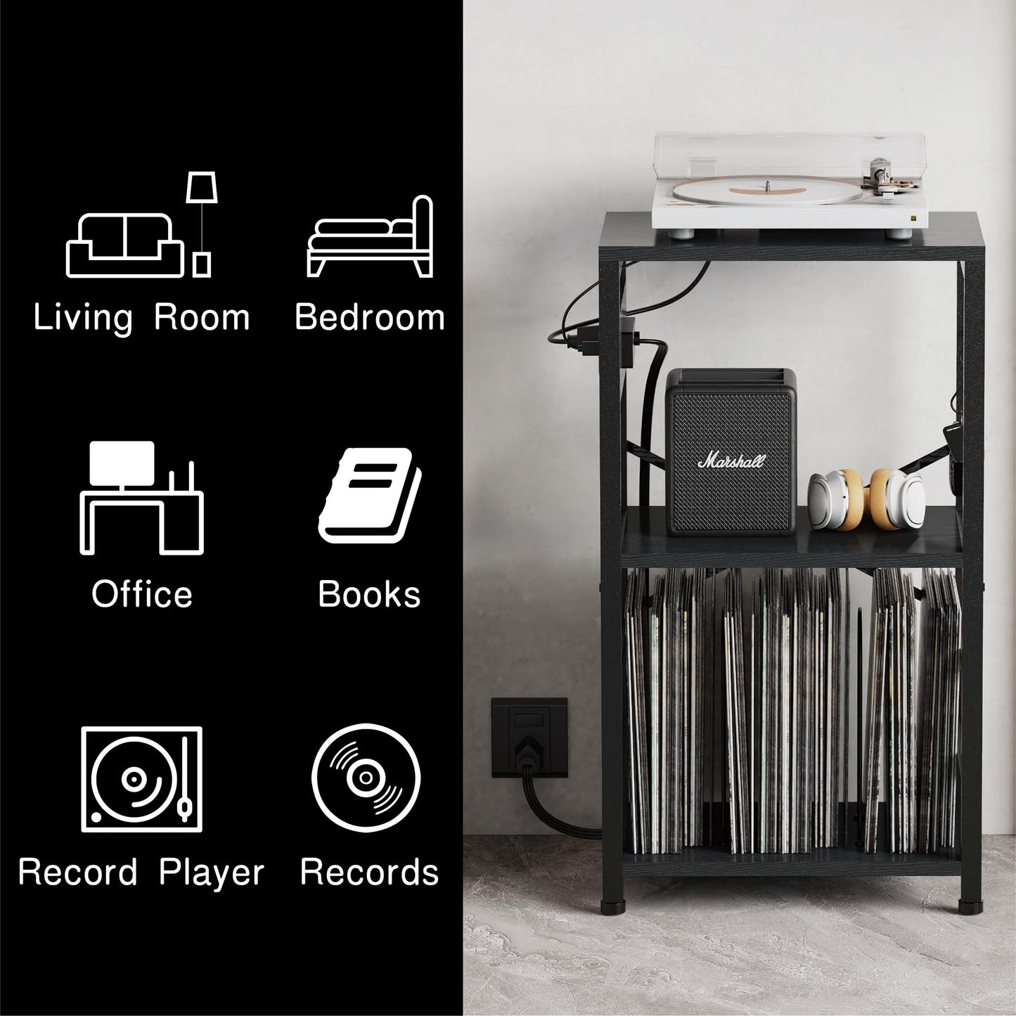 YAKANJ End Table with LED Light,Record Player Stand with Charging Station,Vinyl Records Storage,Turntable Stand Albums Storage for Music Room Studio-Industry Black