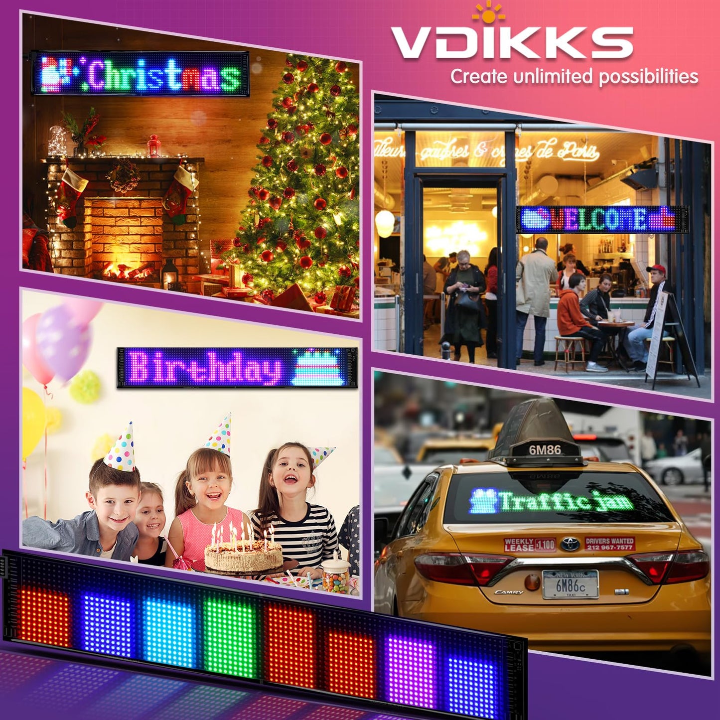 VDIKKS LED Sign for Business Programmable FPCB Flexible Matrix Panel Animation Text Message Scrolling Storefront Advertise Slogan Door Sign for Shop, Bar, Party, Festival 26.8x4.7inch
