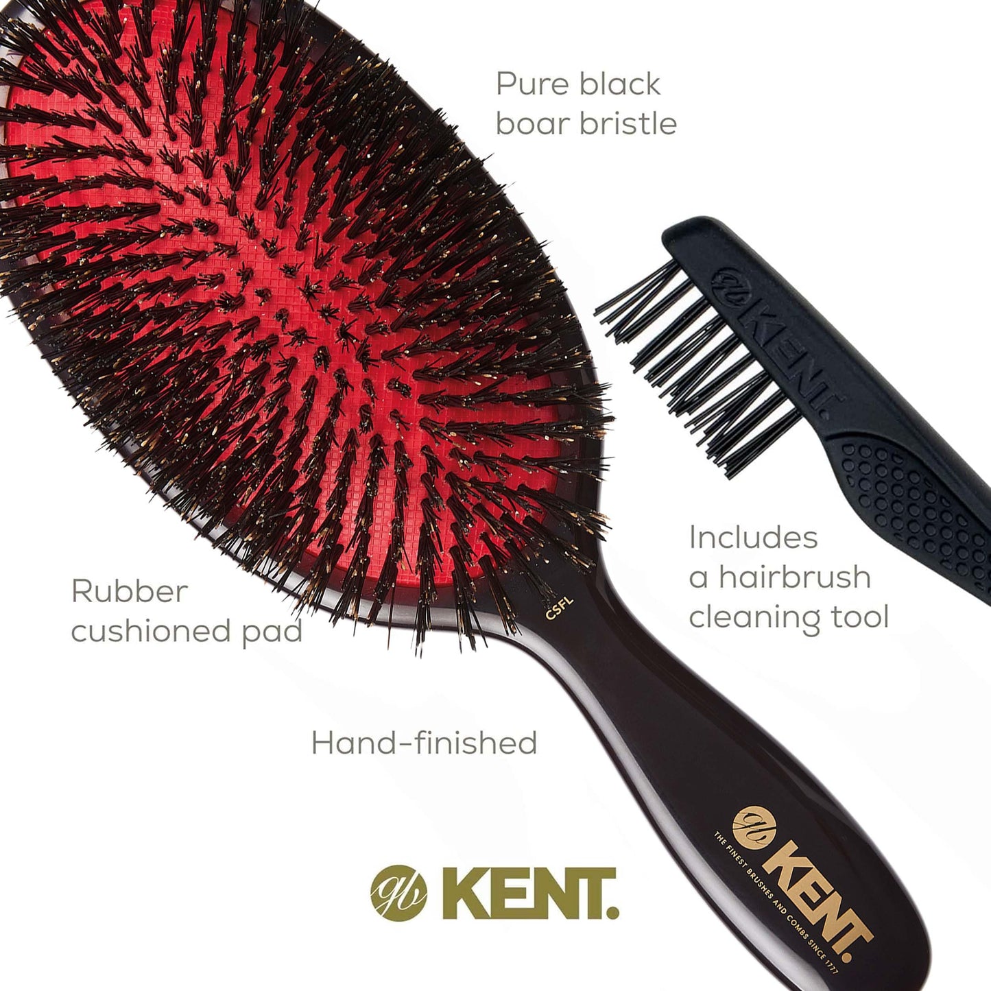 Kent CSFL Classic Shine Large Oval Cushion Straightening Brush and Hair Detangler - Natural Black Boar Bristle Hair Brush - Shine Hair Brush and Scalp Scrubber for Long Thick Hair + Hairbrush Cleaner