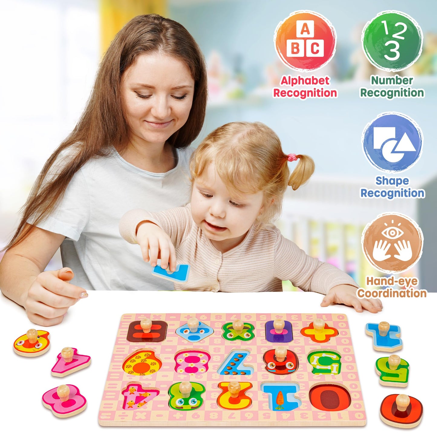 SYNARRY Wooden Puzzles for Toddlers 1-3, 6XSET Toddlers Puzzles Ages 1-3 with Rack, Learning Alphabet Number Shape Unicorn Princess Mermaid Animal, Christmas Toys Gifts for 1 2 3 Years Old Girl Gifts