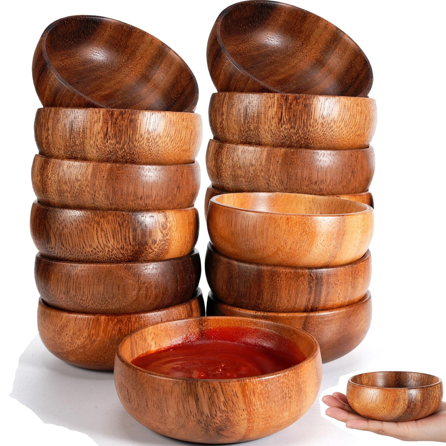 Skylety 20 Pcs Acacia Wooden Bowls Small Calabash Bowls Round Wood Salad Hand Carved Calabash Dip Tray for Serving Popcorn Pasta Candy Cereal Coconut Nuts Sauce Appetizers Kitchen (4 Inch)