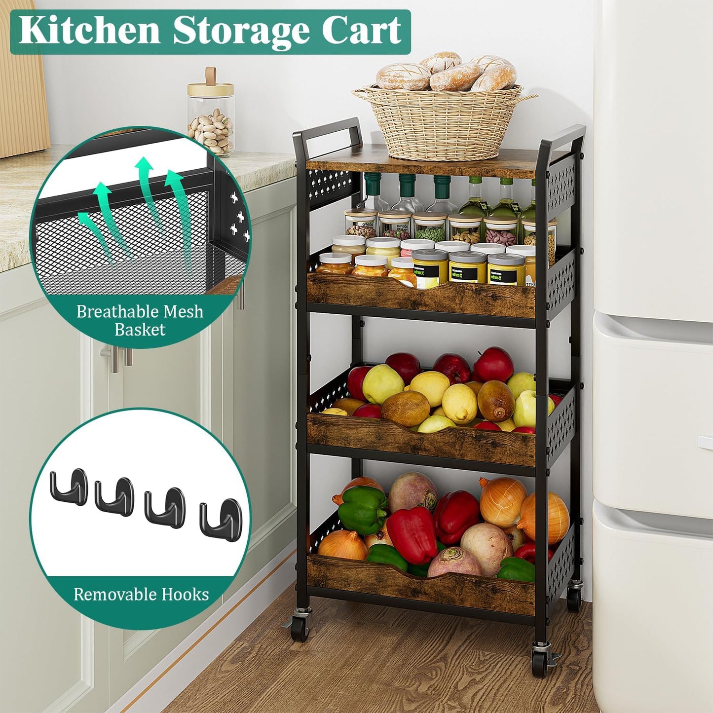 Giwil 4-Tier Rolling Storage Cart, Small Coffee Bar Crafts Makeup Cart with Wooden Top Snack Organizer for Pantry, Utility Kitchen Cart On Wheels for Onions Potatoes, Black