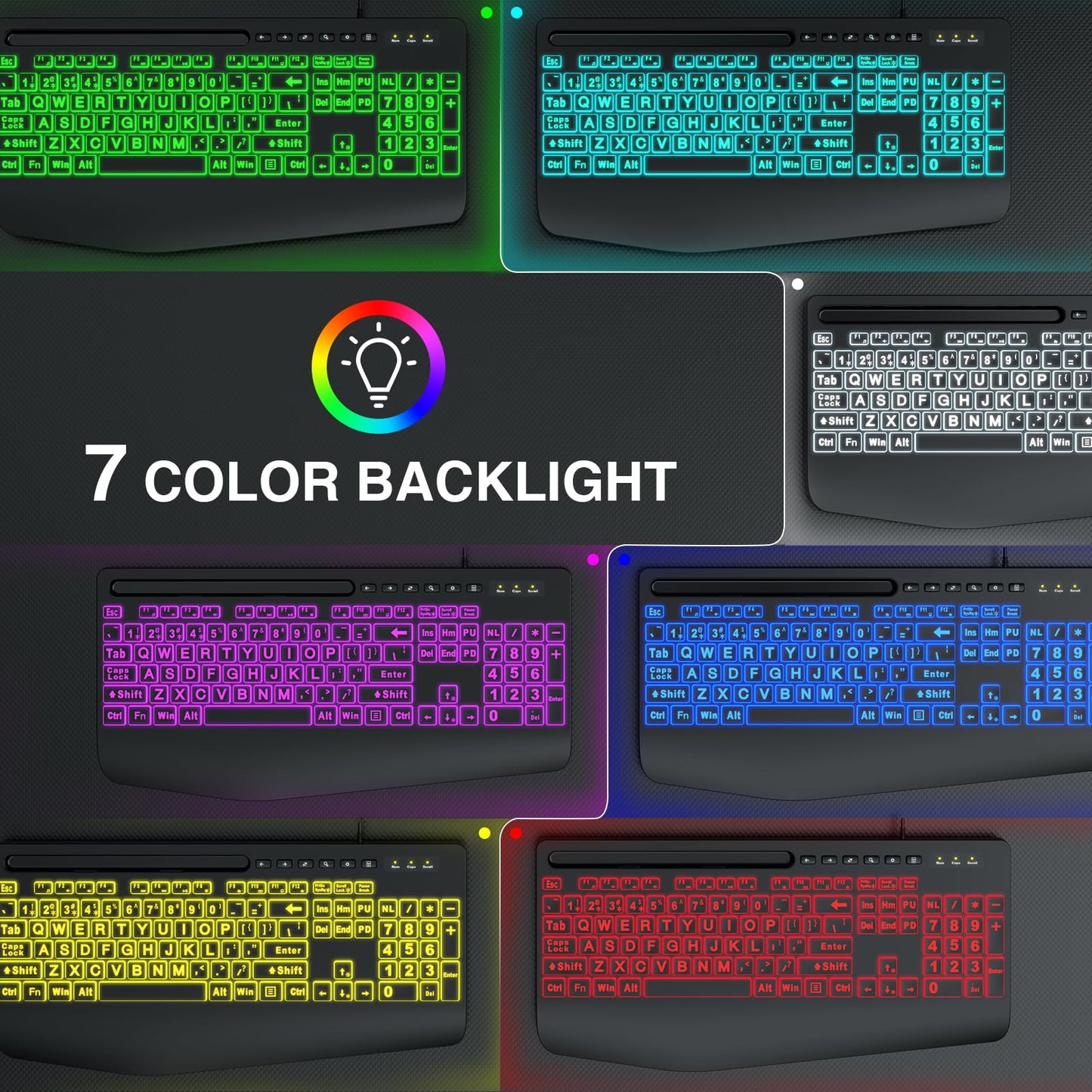 Wired Keyboard and Mouse, Large Print Backlit Keyboard with Wrist Rest and 7-Color Backlit, Lighted Computer Keyboards Easy to See, Light Up USB Keyboard Mouse Combo for PC, Windows, Laptop SABLUTE