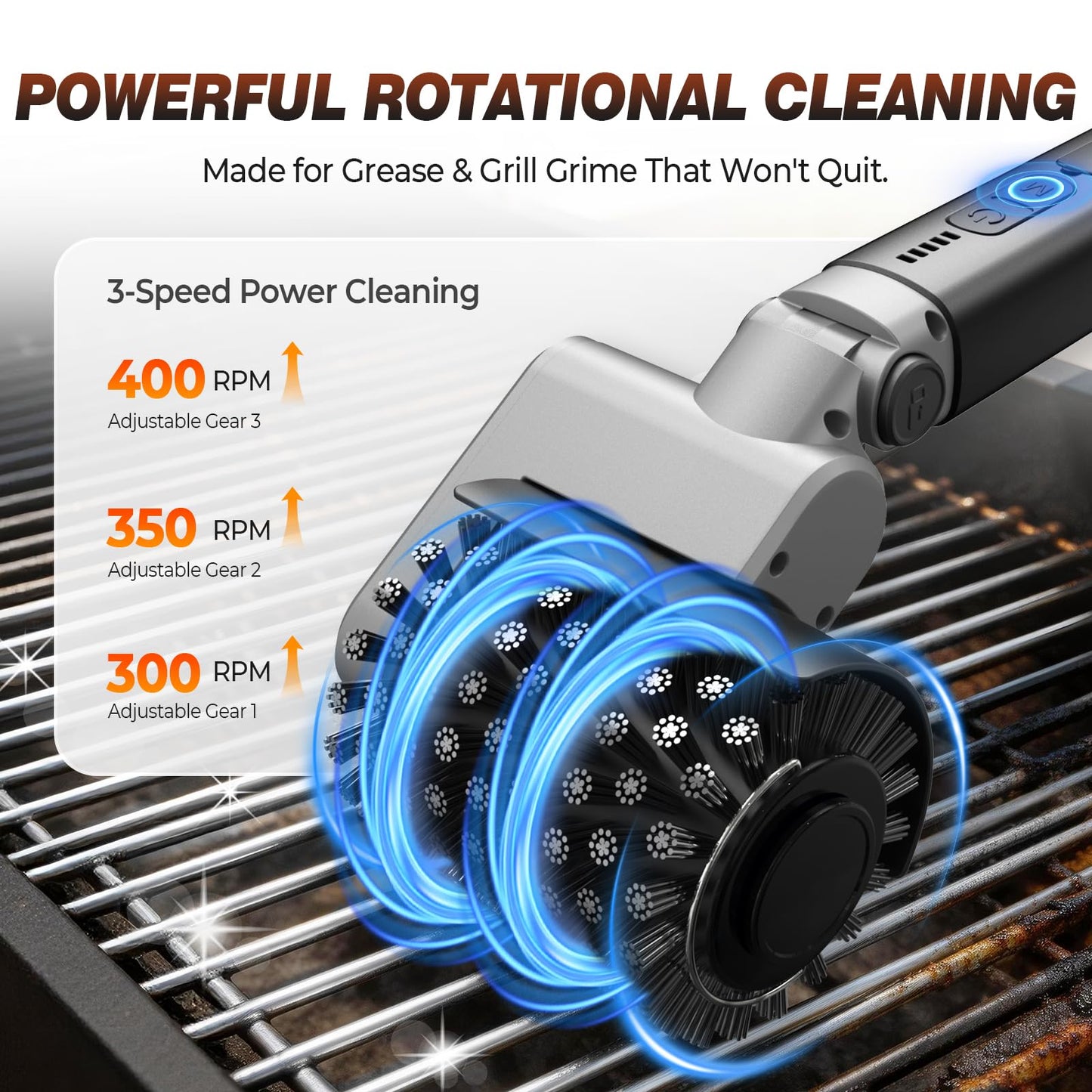 Electric Grill Brush for Outdoor Grill, 3-Speed Rotating Electric BBQ Grill Brush, 5000mAh Rechargeable Battery, 304 Stainless Steel Grill Cleaning Brush with Powerful Burnt Food Removal