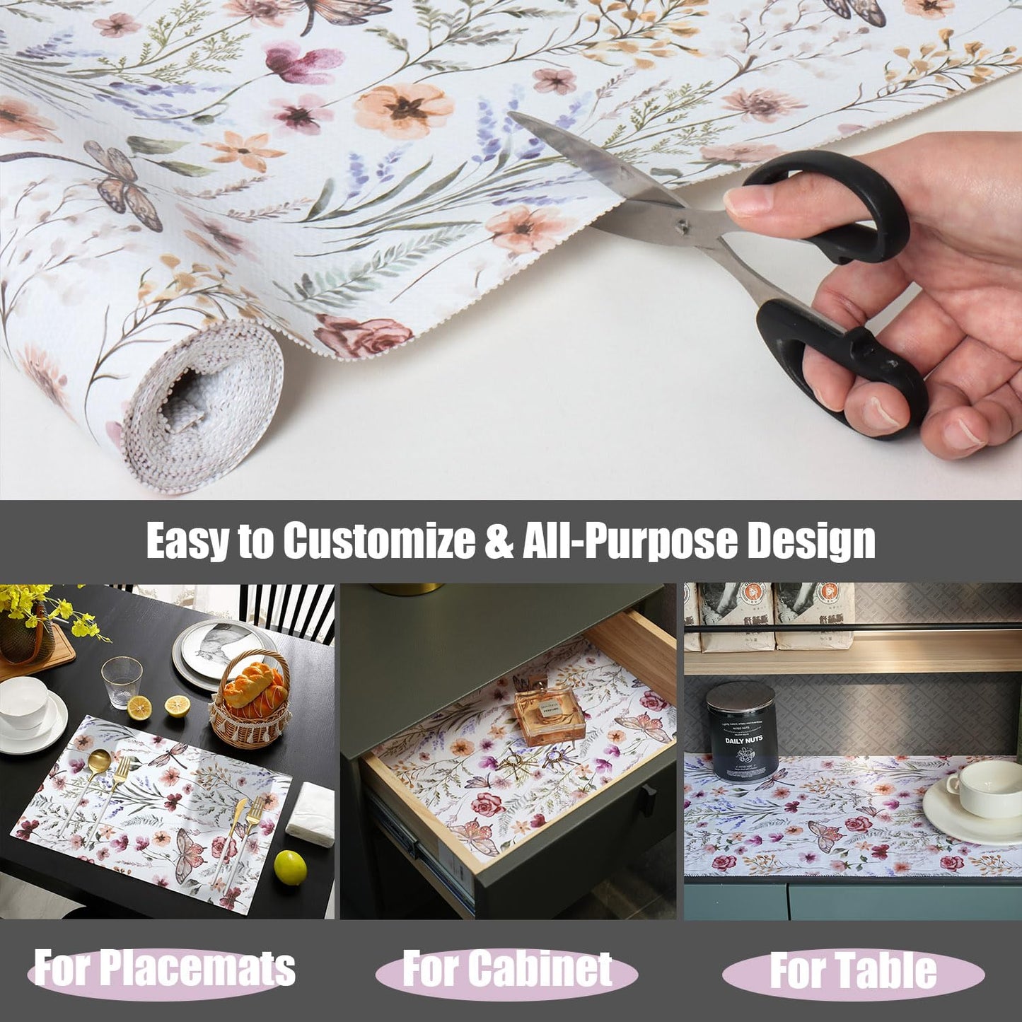 Floral Shelf and Drawer Liner for Kitchen Cabinets,24IN x 10FT Non-Adhesive and Strong Non-Slip Cabinet Drawer Liners for Kitchen Shelf, Waterproof Cupboard Liners,Easy to Clean