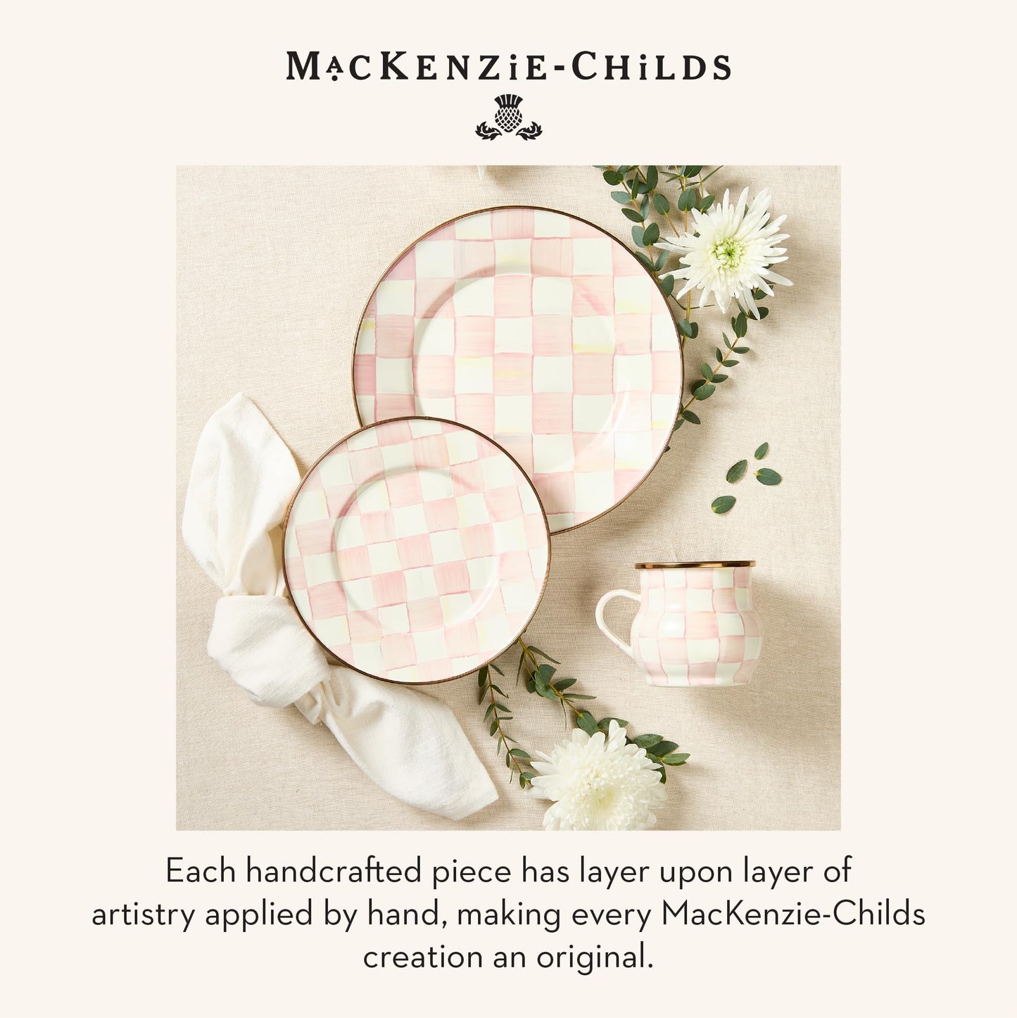 MACKENZIE-CHILDS Enamel Dinner Plate, Decorative Dinnerware Plate, 10 Inches, Set of 1, Pink-and-White Rosy Check