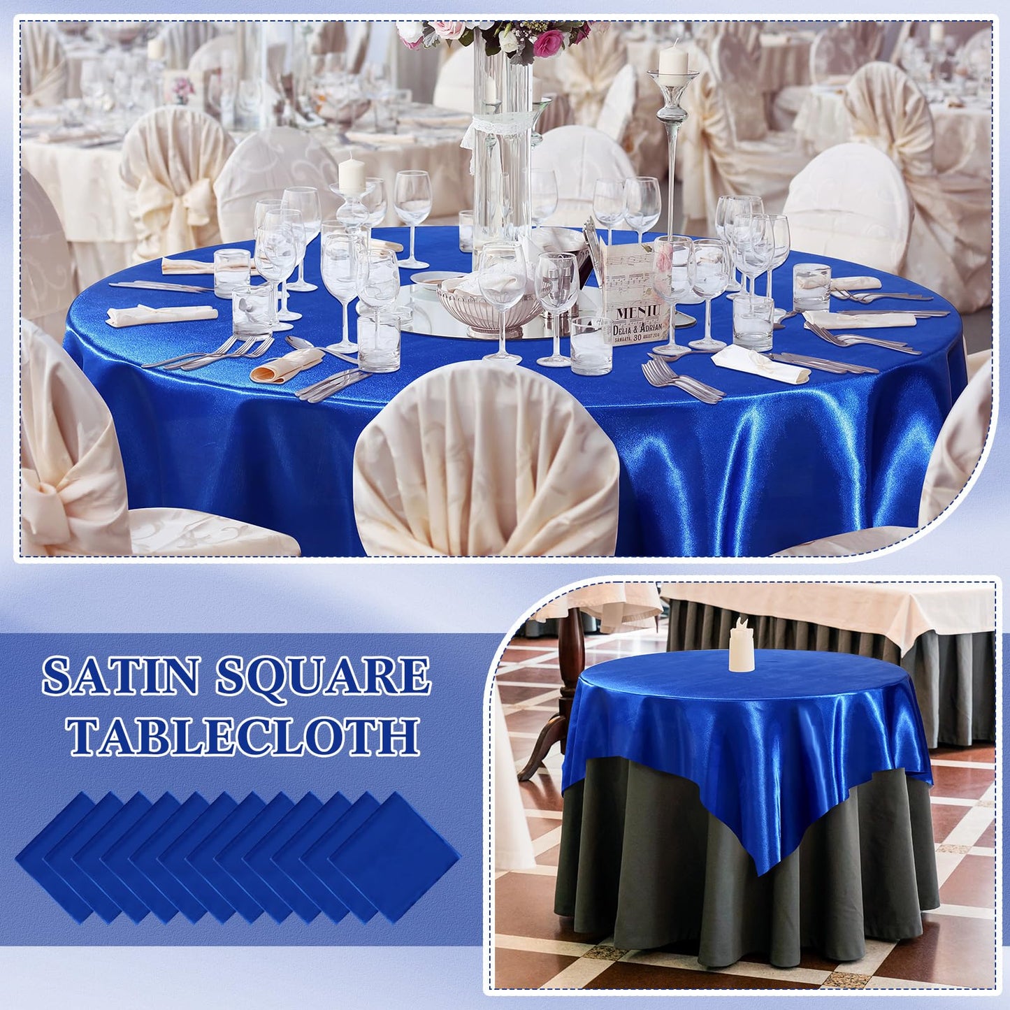 Newwiee 12 Pcs 72 Inch Satin Tablecloth Square Overlay Smooth Fabric Tablecloth Satin Table Cover for Party Wedding Banquet Table Decoration(Royal Blue)