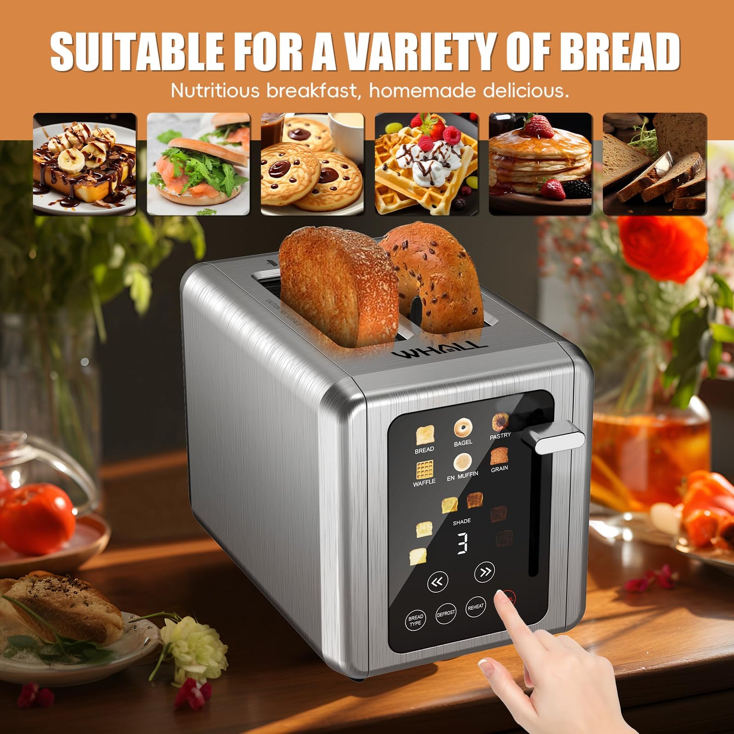 WHALL Touch Screen Toaster 2 Slice,Smart Digital Toaster with 1.5" Wide Slots,6 Shade Settings & 6 Bread Types,Memory Function,Countdown Timer,Brushed Stainless,Ideal Kitchen Gift & Essential