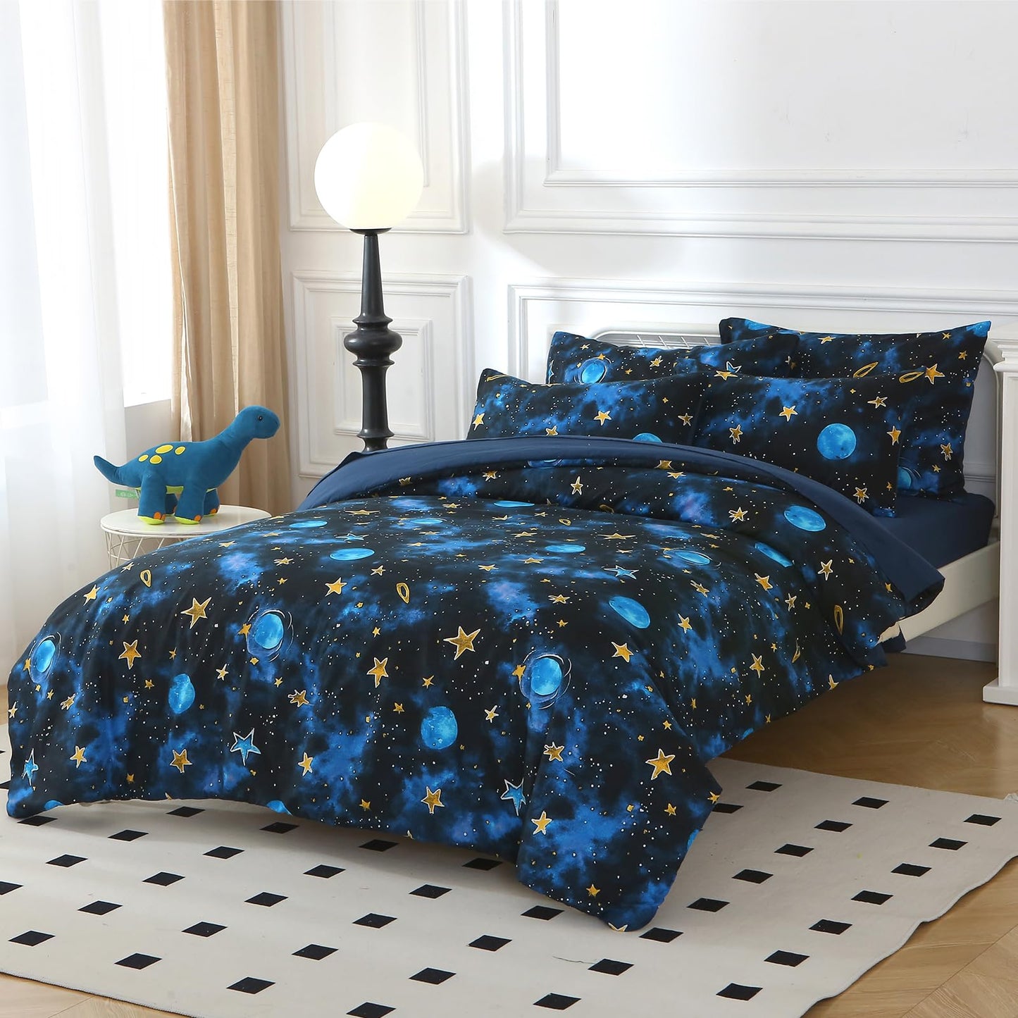 Aqzuxira Glow in The Dark Kids Comforter Set, 5 Pieces Blue Space Bedding Set Twin Size for Boys Girls Teen, 1 Comforter, 1 Pillowcase, 1 Pillow Sham, 1 Flat Sheet, 1 Fitted Sheet