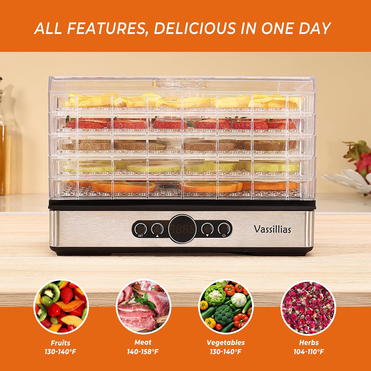 Food Dehydrator Dryer - Dehydrator for Healthy Food, Meat, Jerky, Fruit, Vegetable, Mushroom and Herb, 400W, 158°F, Mini Dryer with 5 BPA-Free Drying Racks and Slide Out Tray, White, Model 904