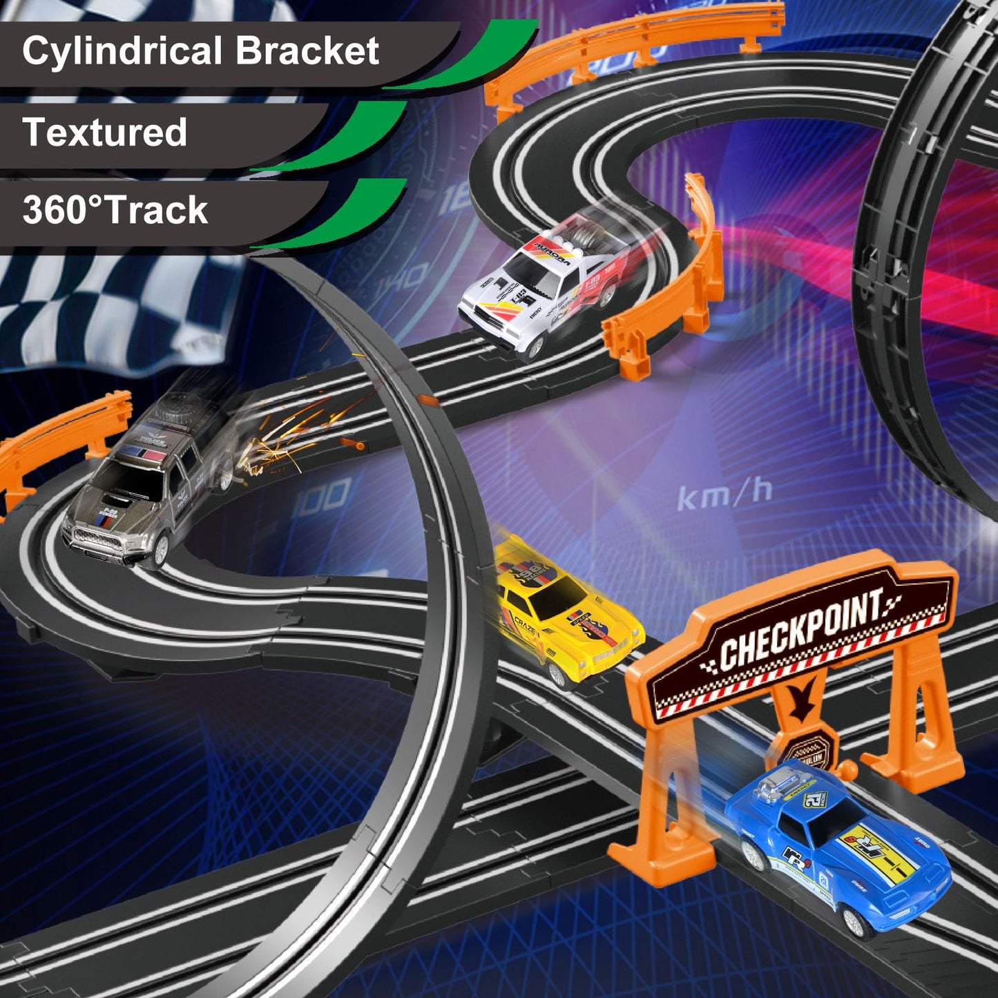 Slot Car Race Track for Kids with 4 Slot Cars, Dual Racing Electric Car Tracks Game Featuring Flash Bridge and Pendulum Toys Gifts for Boys Girls Age 6 7 8 Years Old