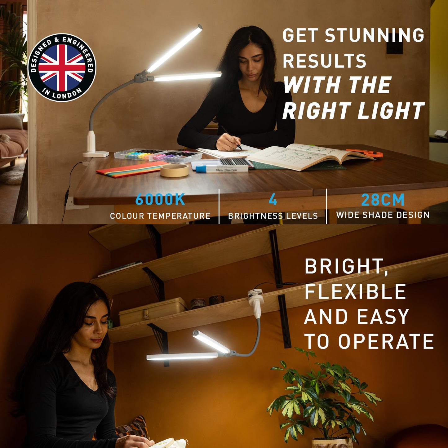 daylight DuoPro Clamp LED Lamp - 6,000K, 2,100 Lux at 12", 4 Brightness Levels, Anti-Glare Shades, Adjustable Arm, Slim Design, Perfect for Sewing, Reading, Crafts, Beauty Treatments - Grey/White