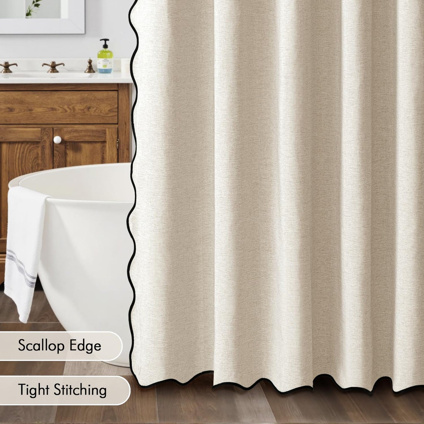 MIULEE 96" Long Scalloped Shower Curtain Linen Textured with 12 Metal Hooks Cute Extra Long Heavy Duty Washable Waterproof Cloth Shower Curtains with Black Border for Bathroom Hotel Bathtub,Beige