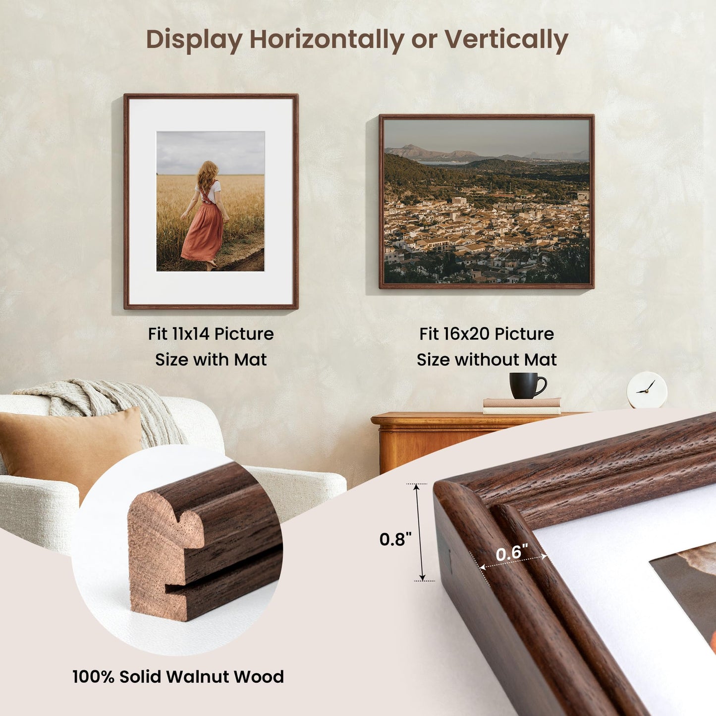 16X20 Picture Frame, Natural Solid Walnut Wood Photo Frame with High Tempered Glass, Handcrafted Rounded Corner 16 by 20 Wooden Frame Matted to 11x14 for Horizontal or Vertical Wall Mounting