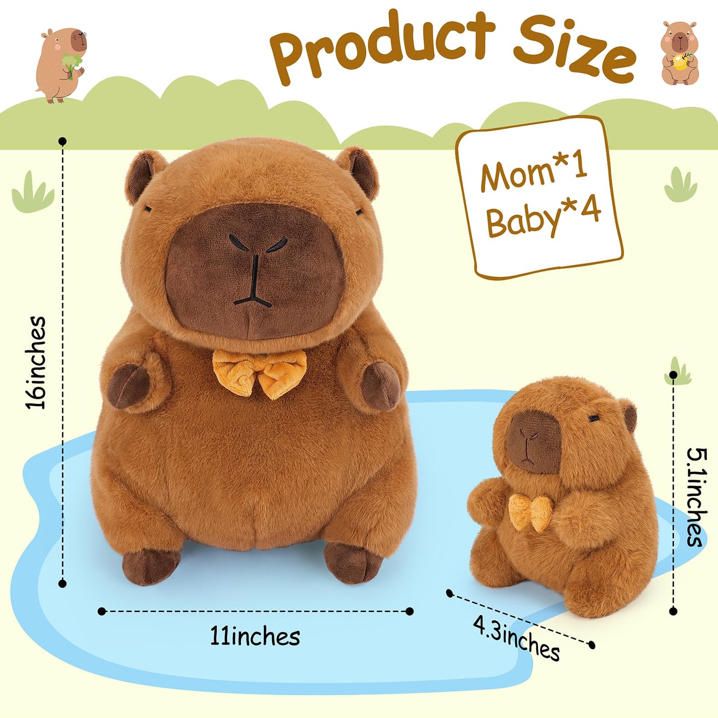 Achwishap 5PCS Capybara Family,Kawaii Cushion Doll for Kids Adult(16” Capybara Family)