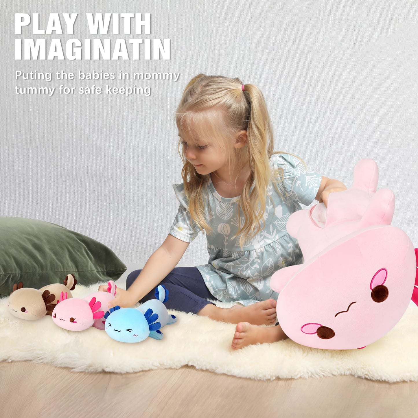 Onsoyours Axolotl Stuffed Animal Mommy 19.7" With 3 Baby Axolotl Plushies In Tummy, 4-Piece Cute Axolotl Family Plush Pillow Toys For Kids, Girls, Boys (Pink)